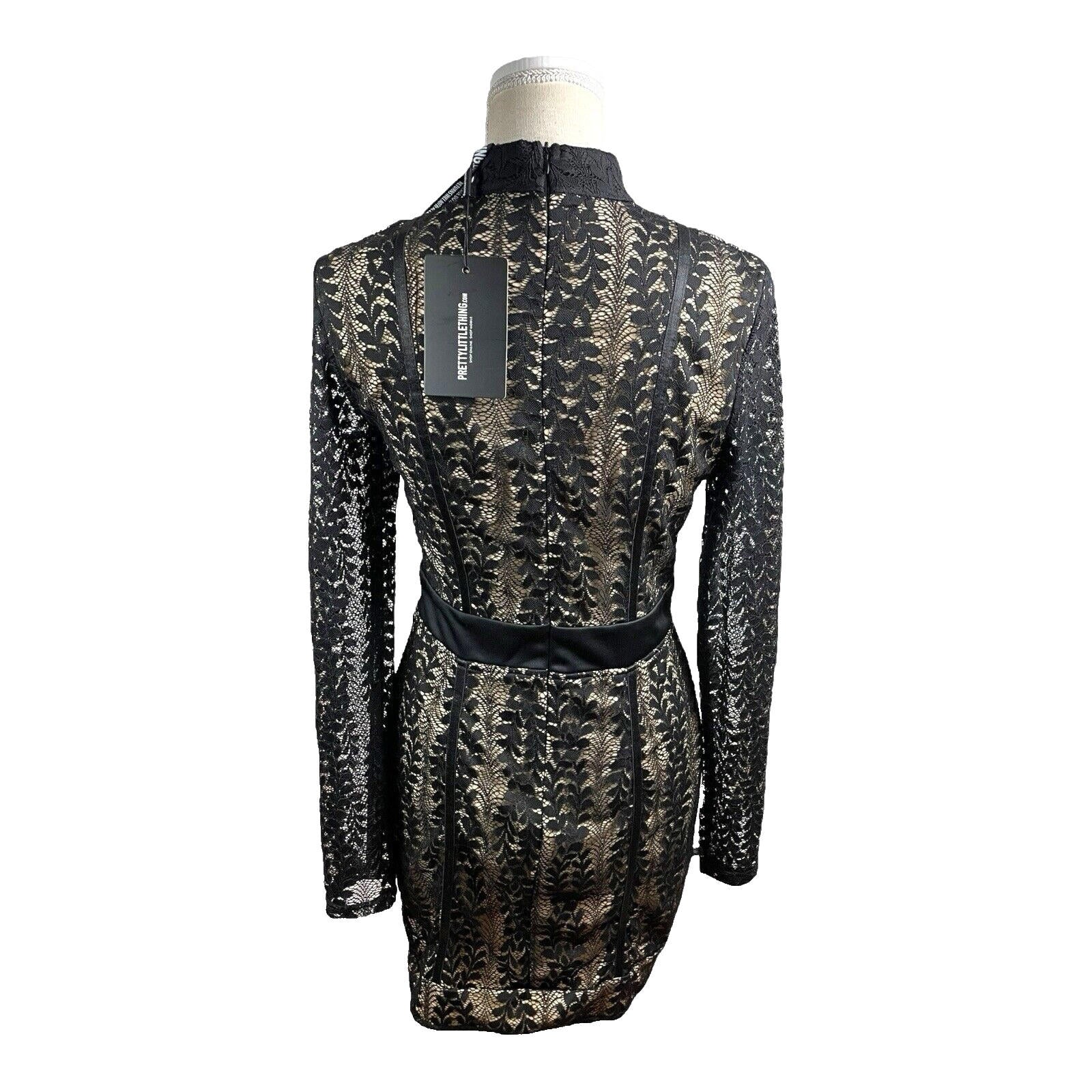 Pretty Little Thing Black Lace Mini Dress Long Sleeve Bodycon Women’s UK Size 12