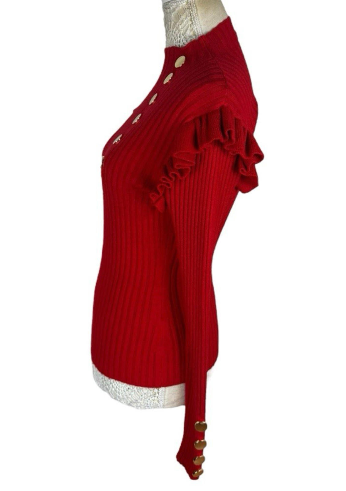 Moocci Red High Neck Knit Jumper Ribbed Gold Button Women’s UK Size M