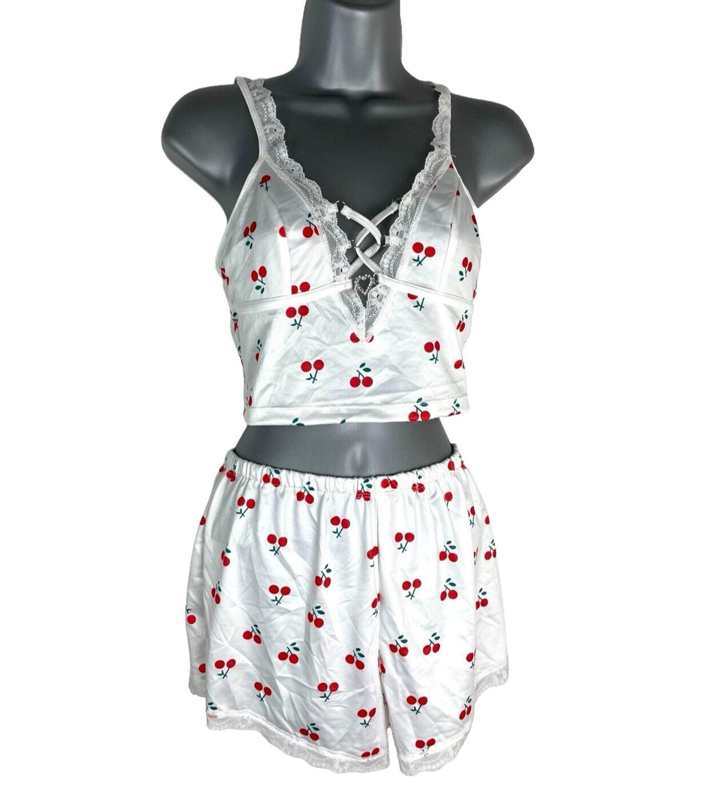 White Satin  Shorts & Croptop Co Ord Cherry Print Women’s UK Size 6-8