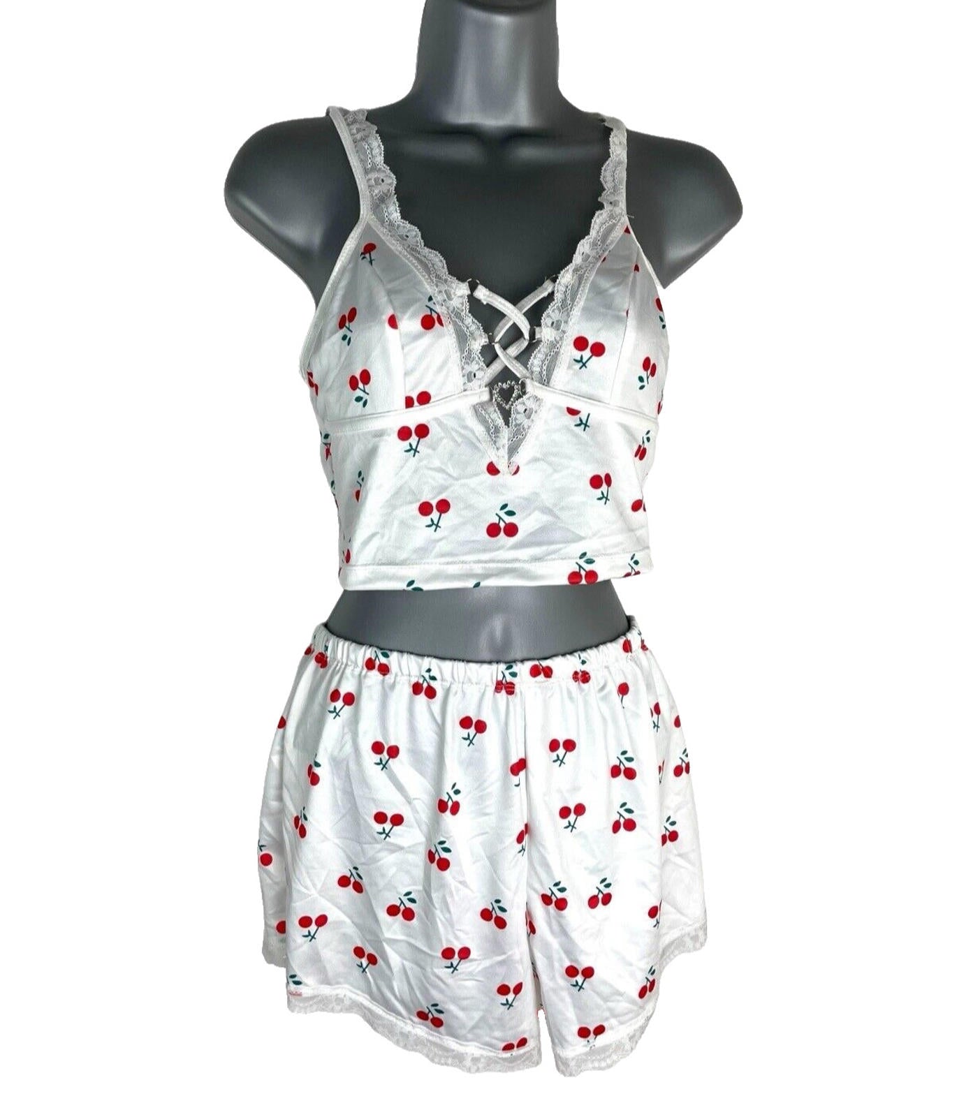 White Satin  Shorts & Croptop Co Ord Cherry Print Women’s UK Size 6-8
