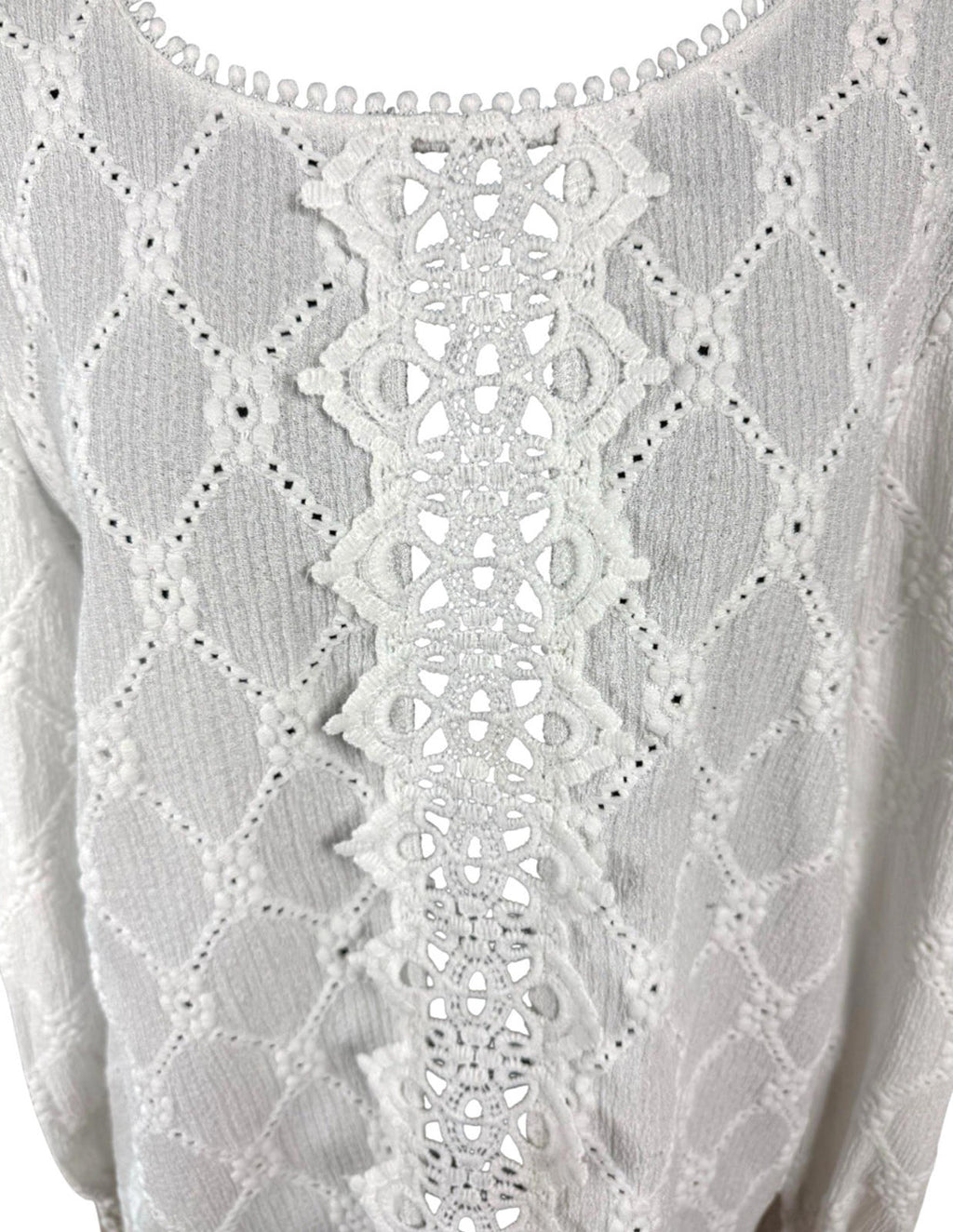 Shein Lace Blouse Women’s UK Size XL White Long Sleeve Crochet Panel Round Neck