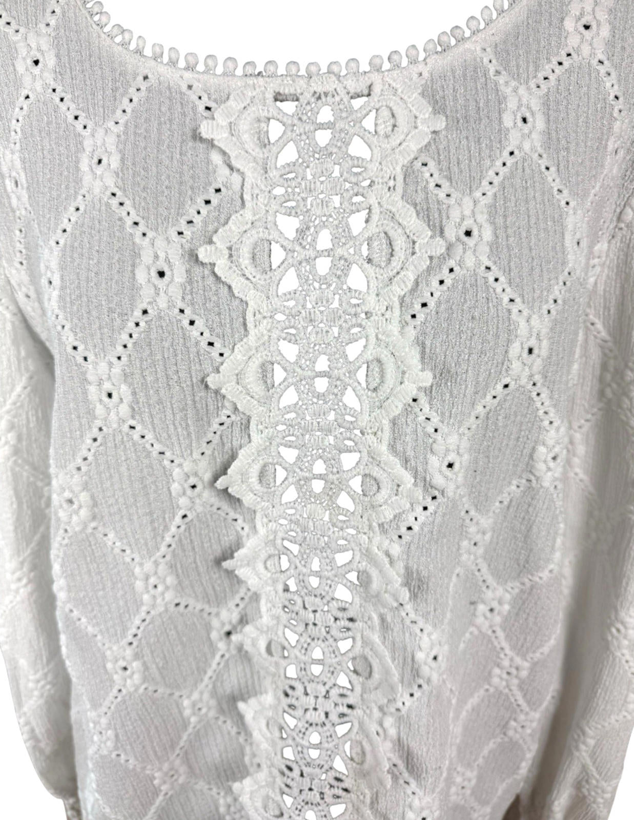 Shein Lace Blouse Women’s UK Size XL White Long Sleeve Crochet Panel Round Neck