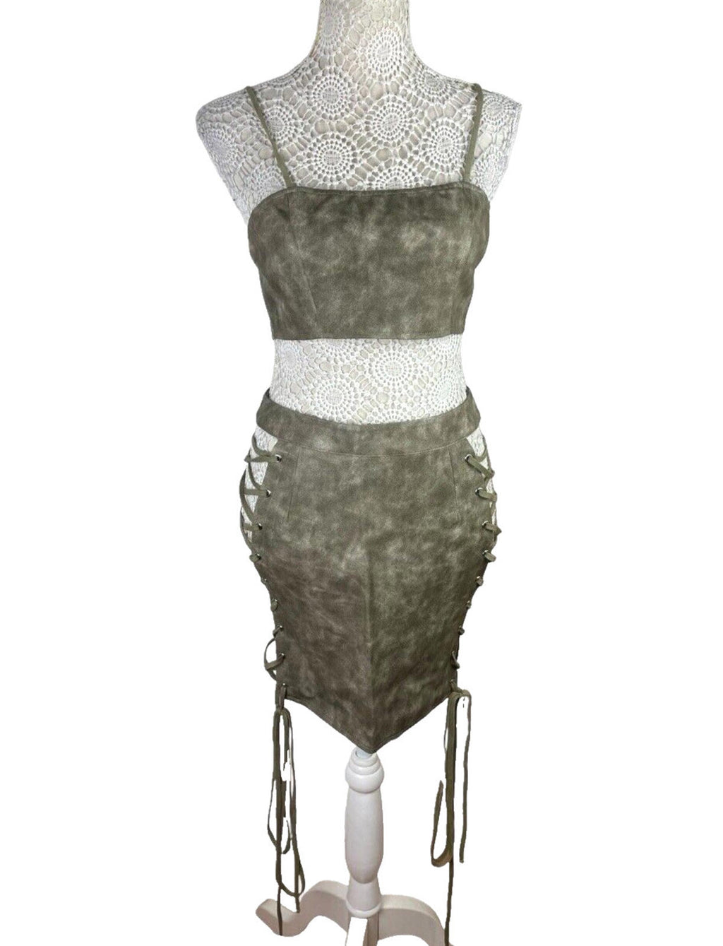 Pretty Little Thing Lace-Up Skirt & Croptop Set Women’s UK Size 8 Faux Leather