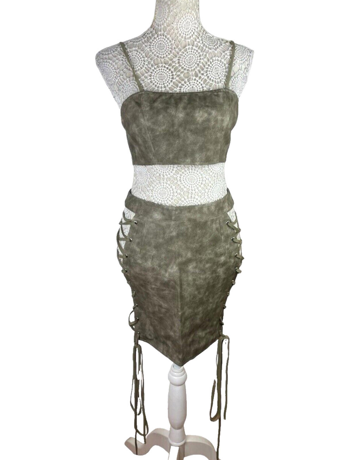 Pretty Little Thing Lace-Up Skirt & Croptop Set Women’s UK Size 8 Faux Leather