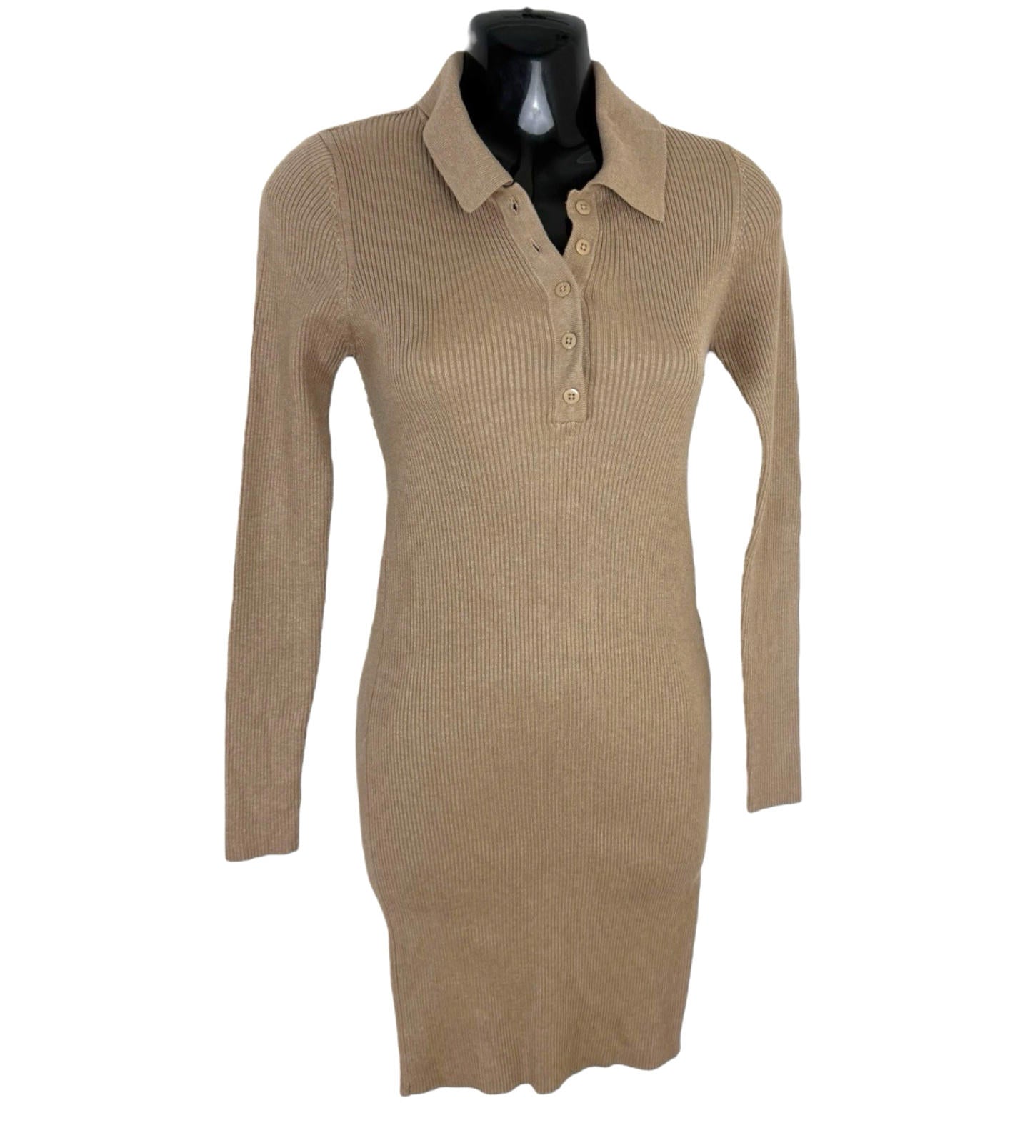 Stradivarius Beige Mini Dress Ribbed Collared Long Sleeve Women’s UK Size XS