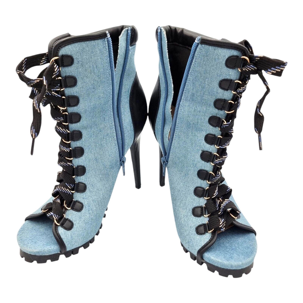 Denim Stiletto Shoe Women's UK Size 6.5 Open Toe Heel Lace Up Zip Fastening Boot