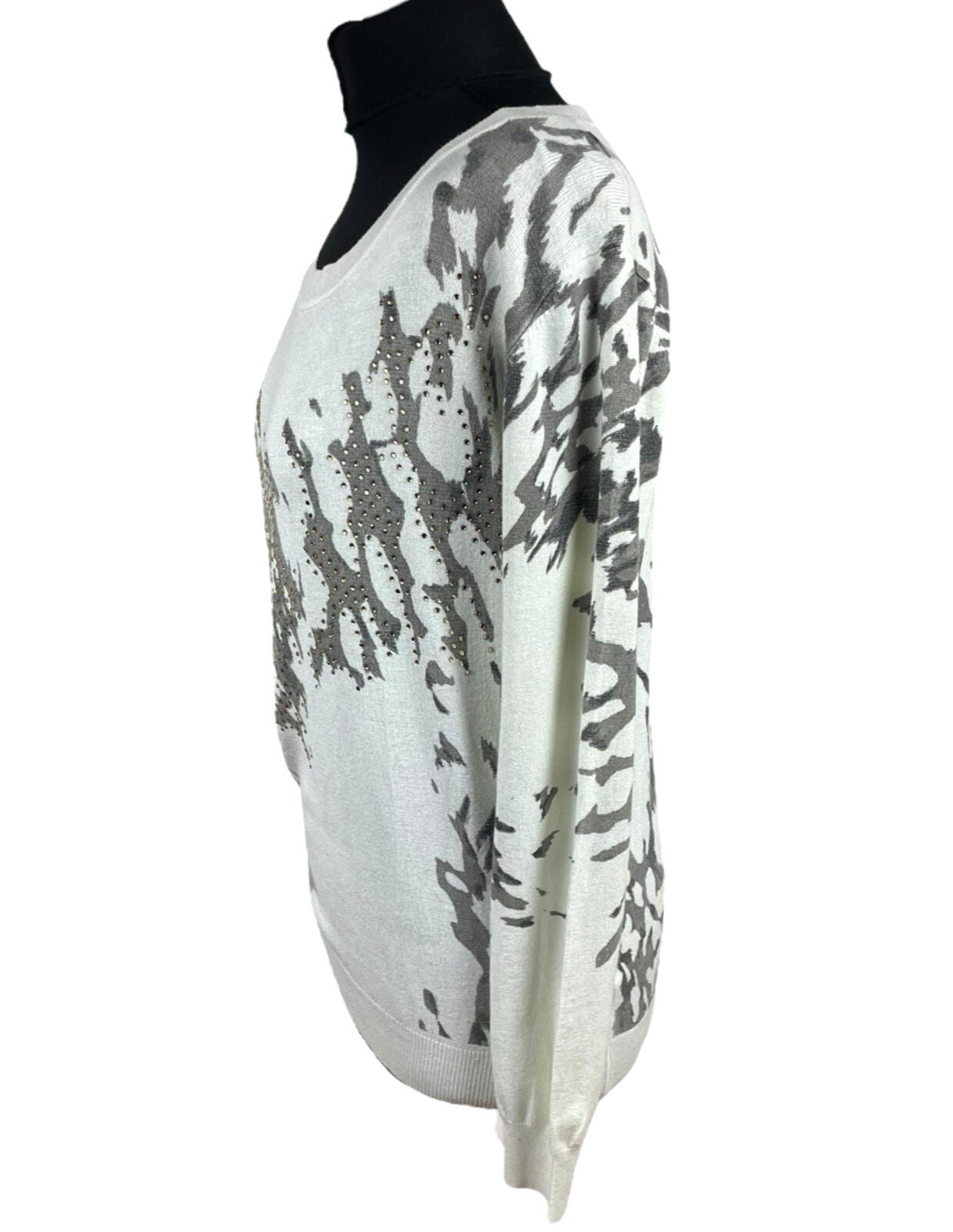 Just Elegance Thin White Jumper Grey Gold Pattern Round Neck Women’s UK Size L