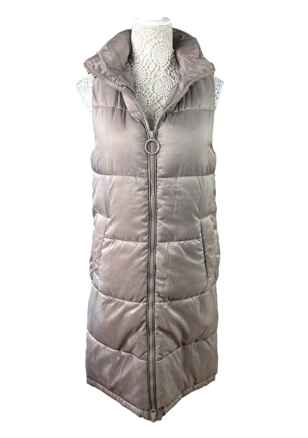 Pull & Bear Long Padded Gilet Women's UK Size XS Grey Hooded Sleeveless Puffer