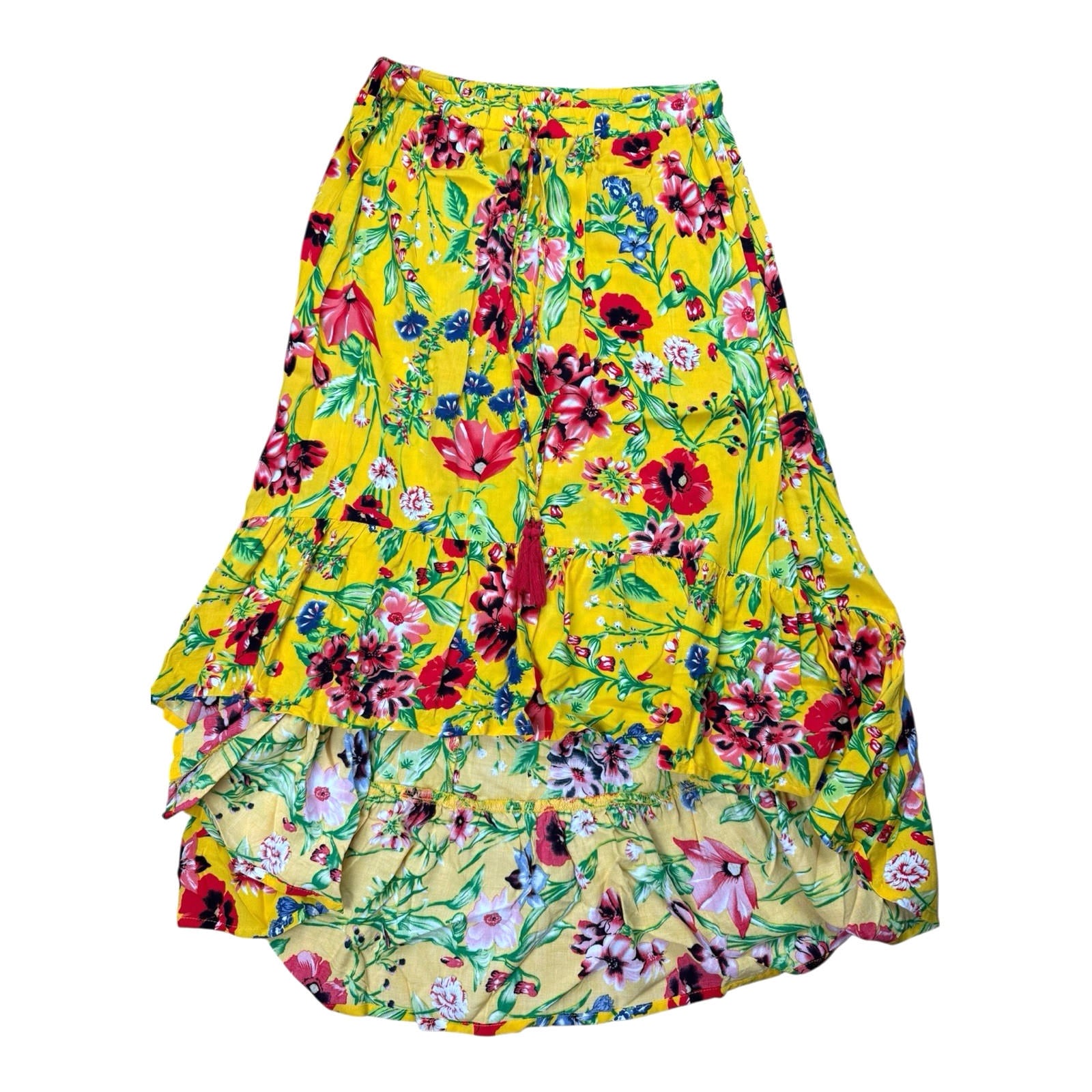 High Low Floral Skirt Women’s UK Size 12 Yellow Elasticated Waist Ruffled Hem