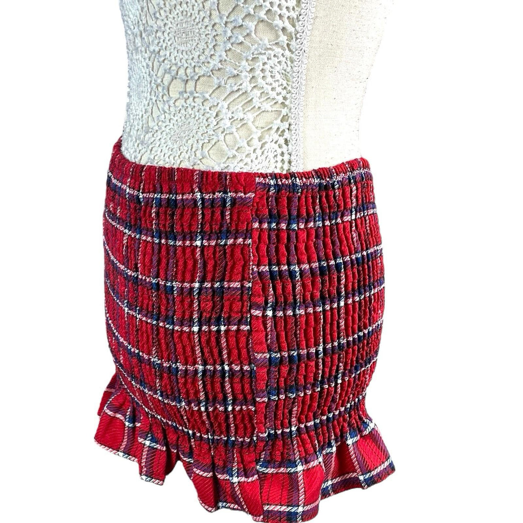 China Base Red Tartan Mini Skirt Shirred High Waist Women’s UK Size 8