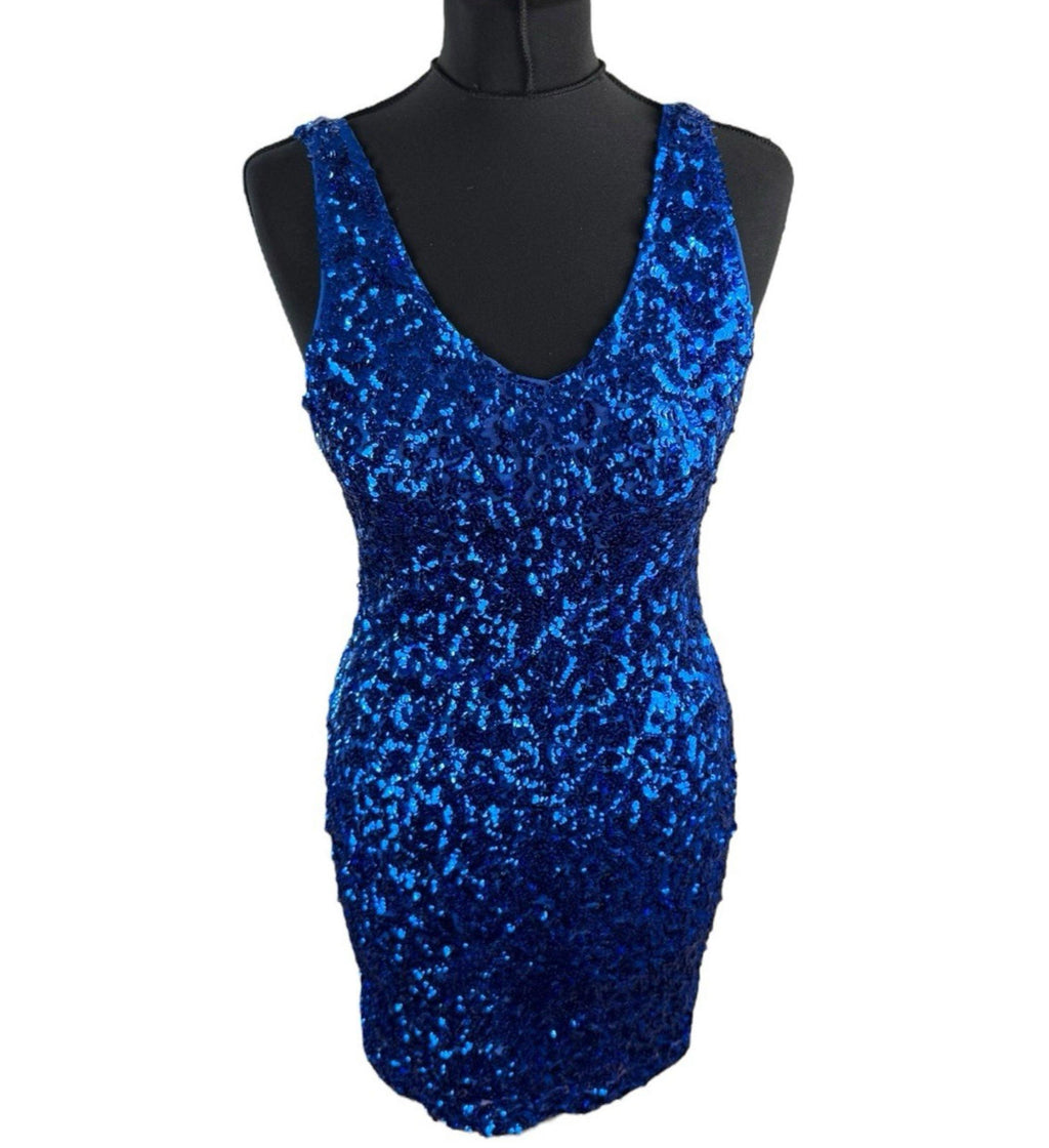 Sequin Cocktail Dress Women’s UK Size XL Bodycon V Neck Party Mini Blue Sparkle