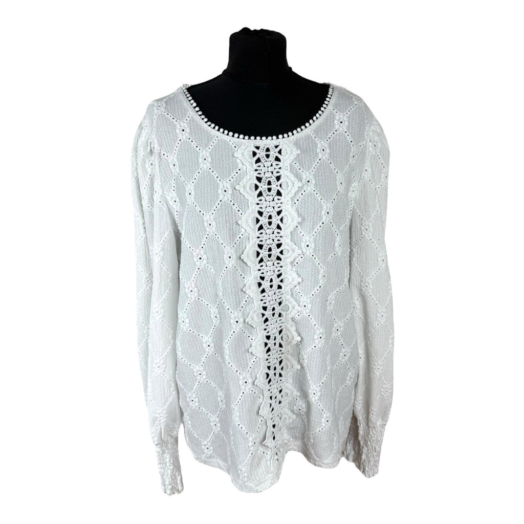 Shein Lace Blouse Women’s UK Size XL White Long Sleeve Crochet Panel Round Neck