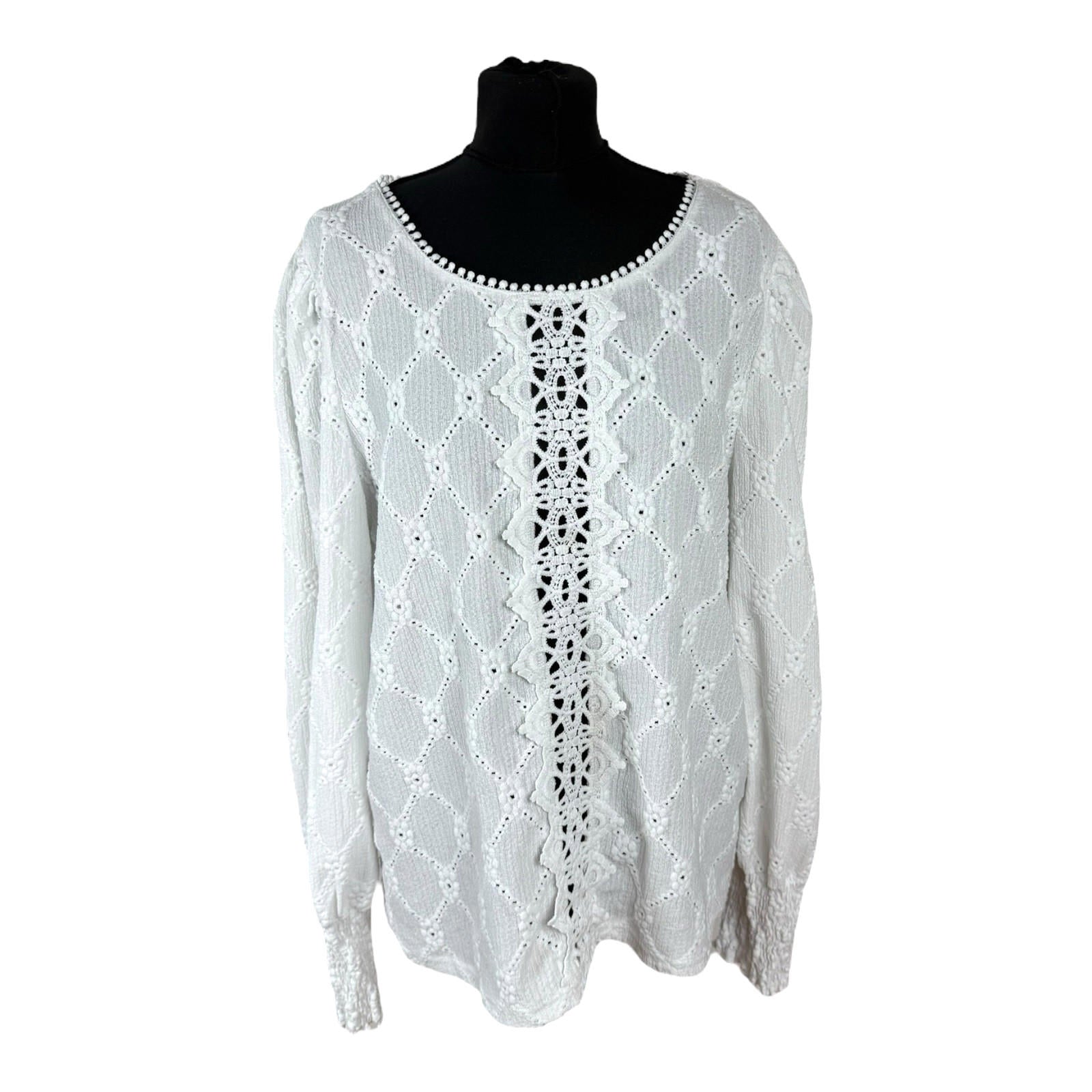 Shein Lace Blouse Women’s UK Size XL White Long Sleeve Crochet Panel Round Neck