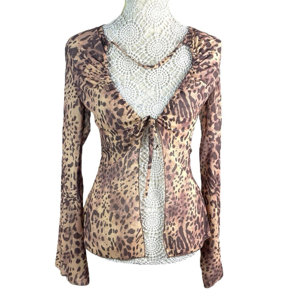 Pretty Little Thing Leopard Print Tie Front Blouse Women’s UK Size 8 Flared Cuff