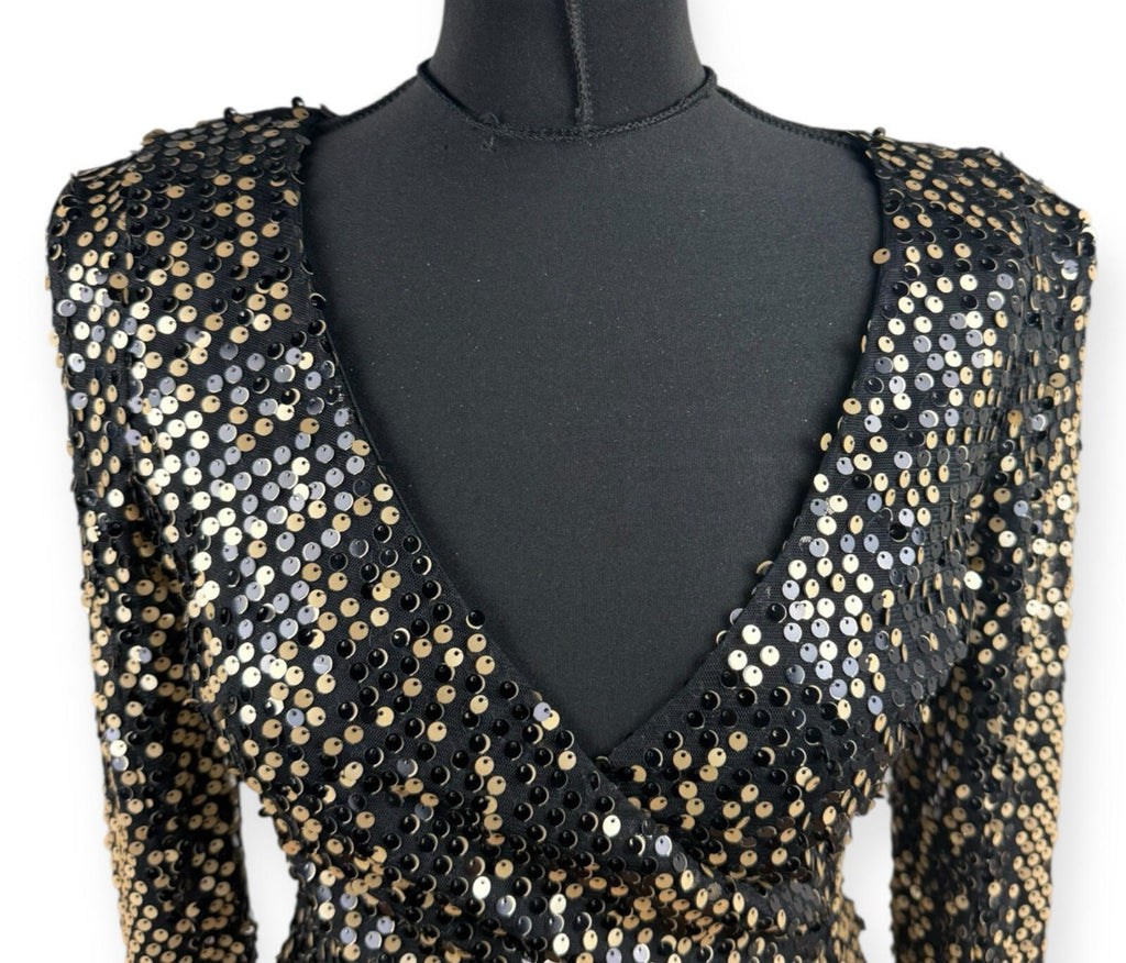 AX Paris Sequin Mini Dress Women’s UK Size 10 Long Sleeve Black Gold