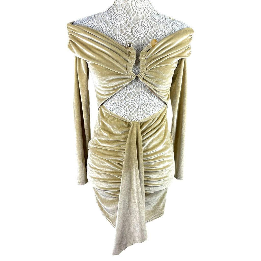 Gold Velour Cut Out Mini Dress Off Shoulder Ruffle Women’s UK Size 8