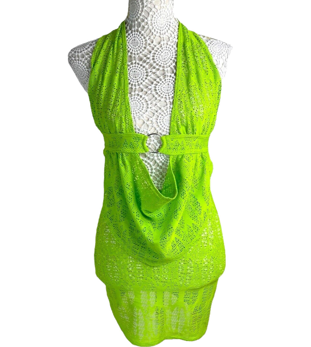 Lime Green Knit Mesh Skirt Co Ord Set Cowl Halter Neck Women’s UK Size 8