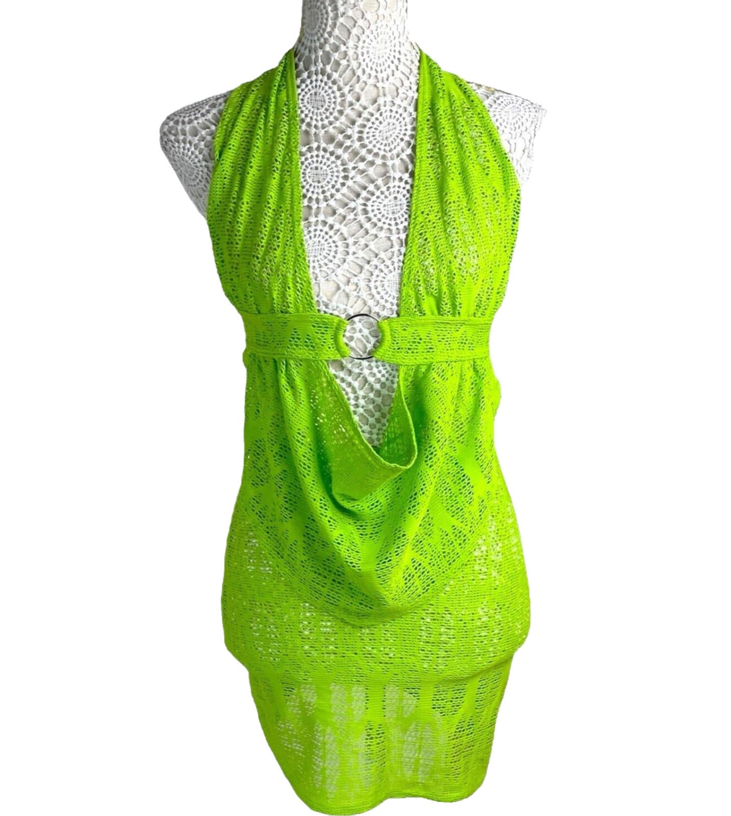 Lime Green Knit Mesh Skirt Co Ord Set Cowl Halter Neck Women’s UK Size 8