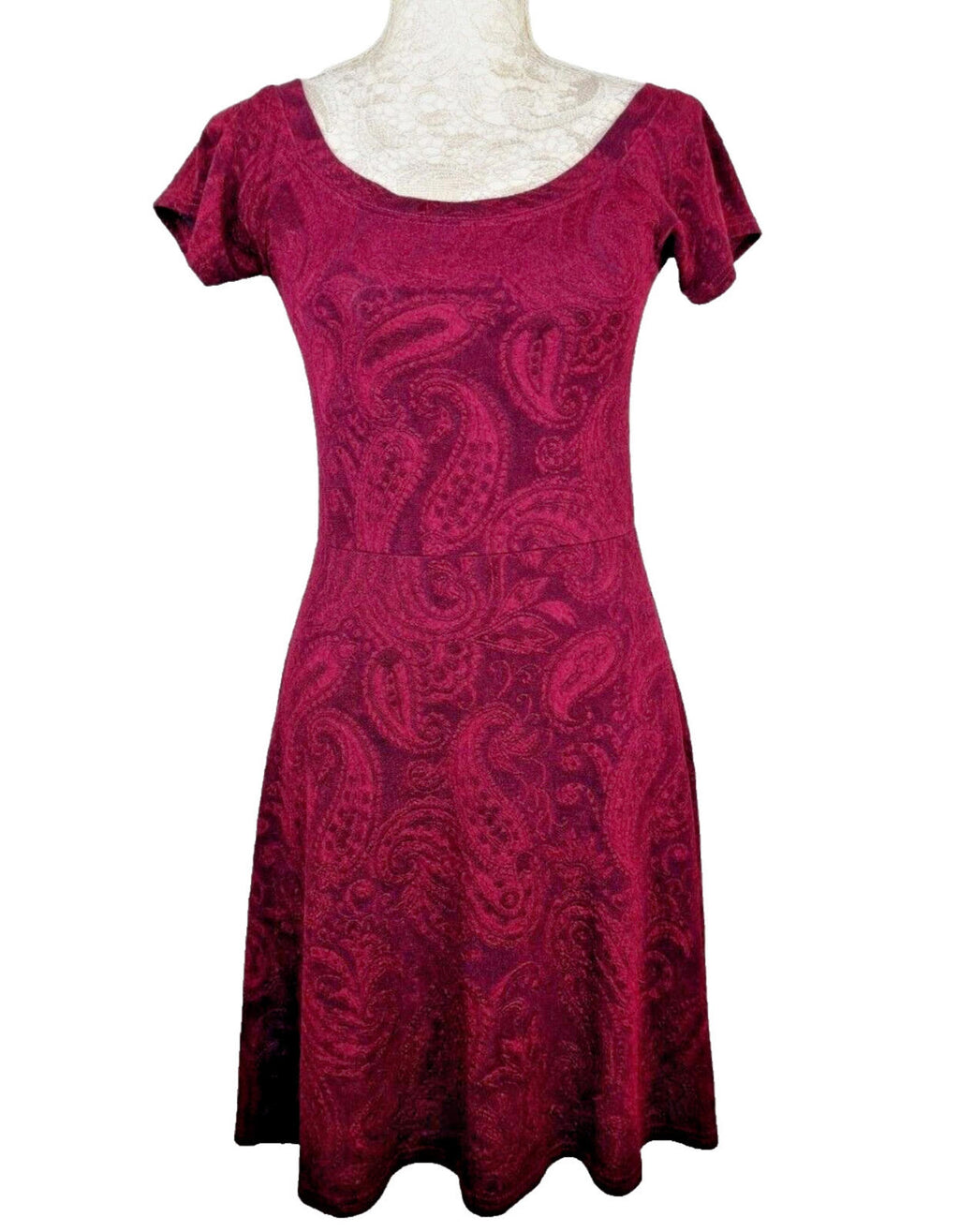 Miss Selfridge Fit & Flare Paisley Mini Dress Women's UK Size 12 Burgundy Red