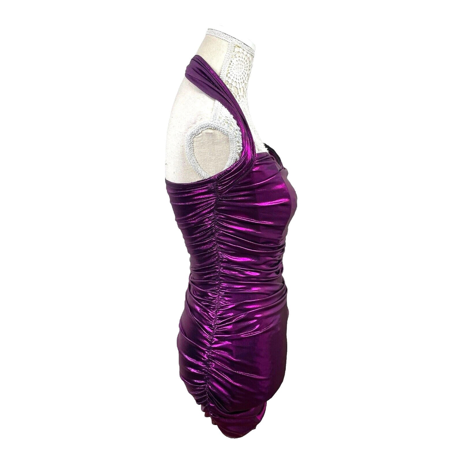 Metallic Bodycon Halter Neck Mini Dress Women’s UK Size XS Purple Party Cocktail