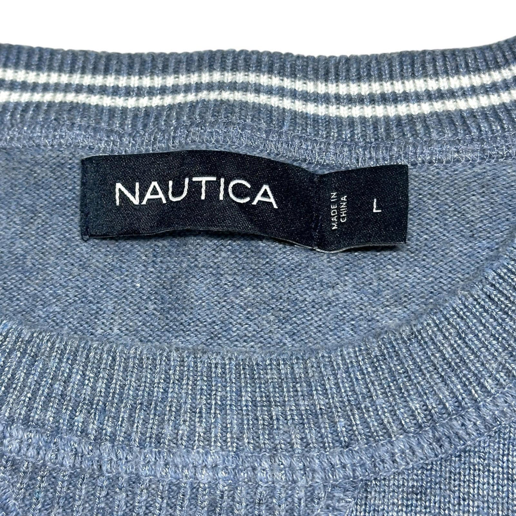 Nautica Jumper Men's UK Size L Blue Long Sleeve Crew Nexk Striped Collar Logo
