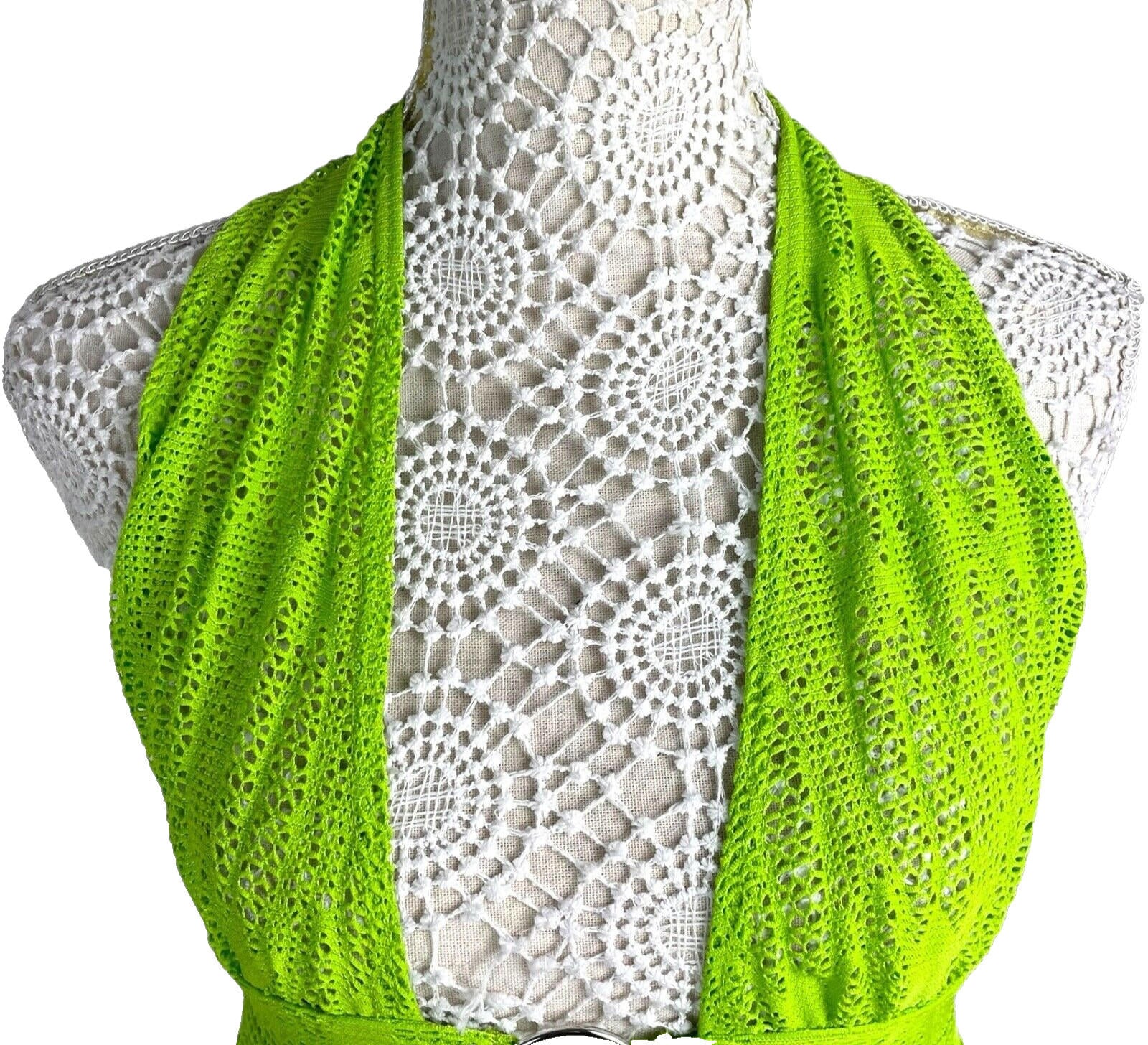 Lime Green Knit Mesh Skirt Co Ord Set Cowl Halter Neck Women’s UK Size 8