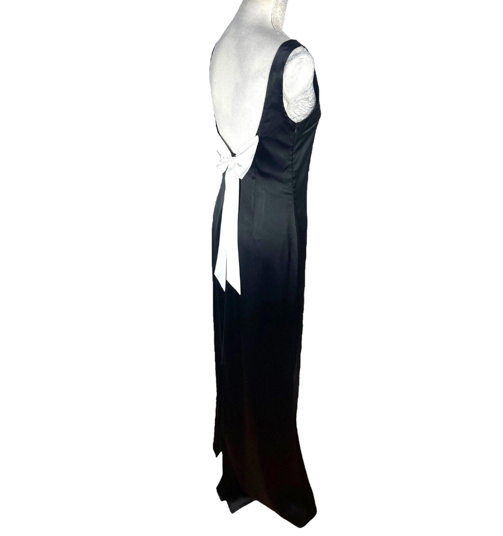 Satin Ballgown Prom Dress Low Back Black White Satin Bow Detail UK Size 8