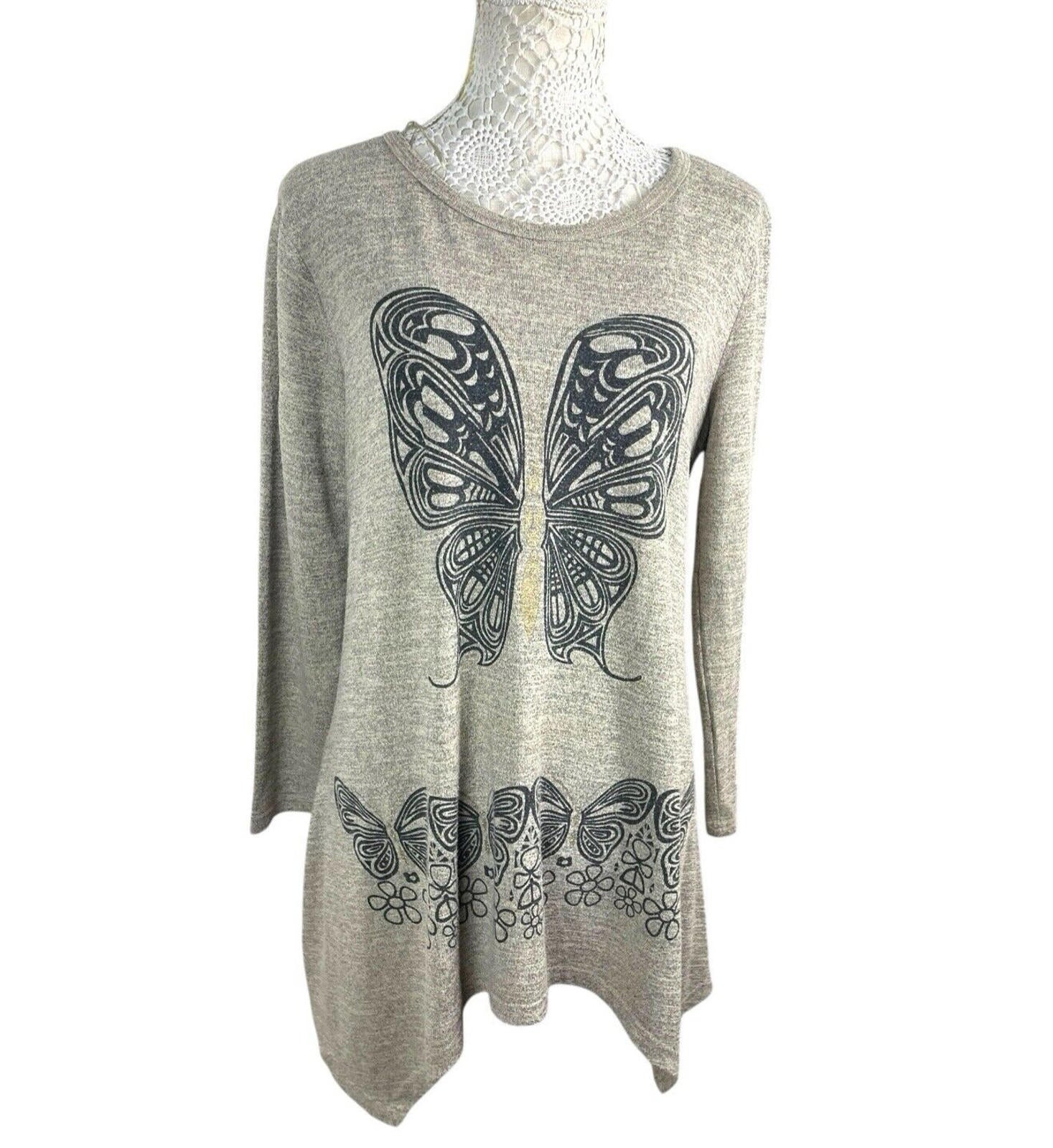 Butterfly Tunic Top Women’s UK Size M Beige Long-Sleeved Lightweight Jumper