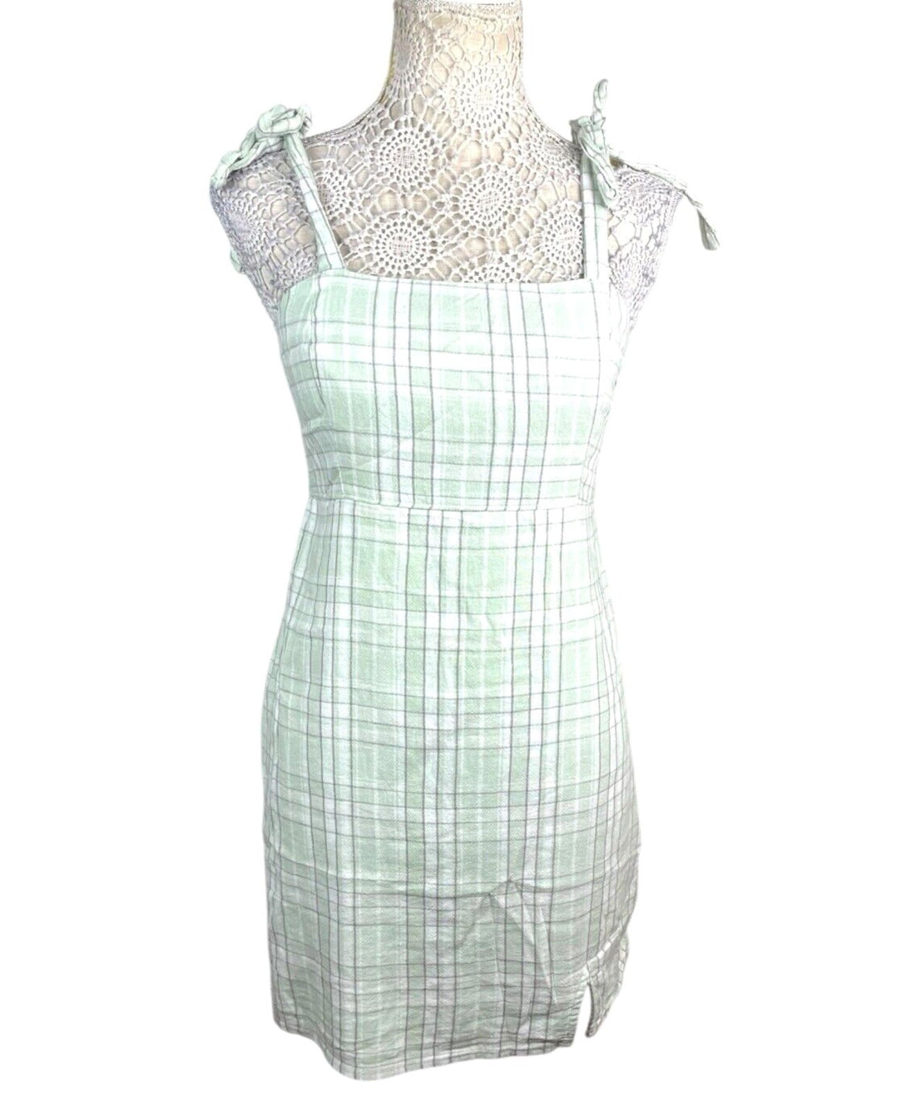 Hollister Plaid Pinafore  Mini Dress Women’s UK Size M Green White Tie Shoulder