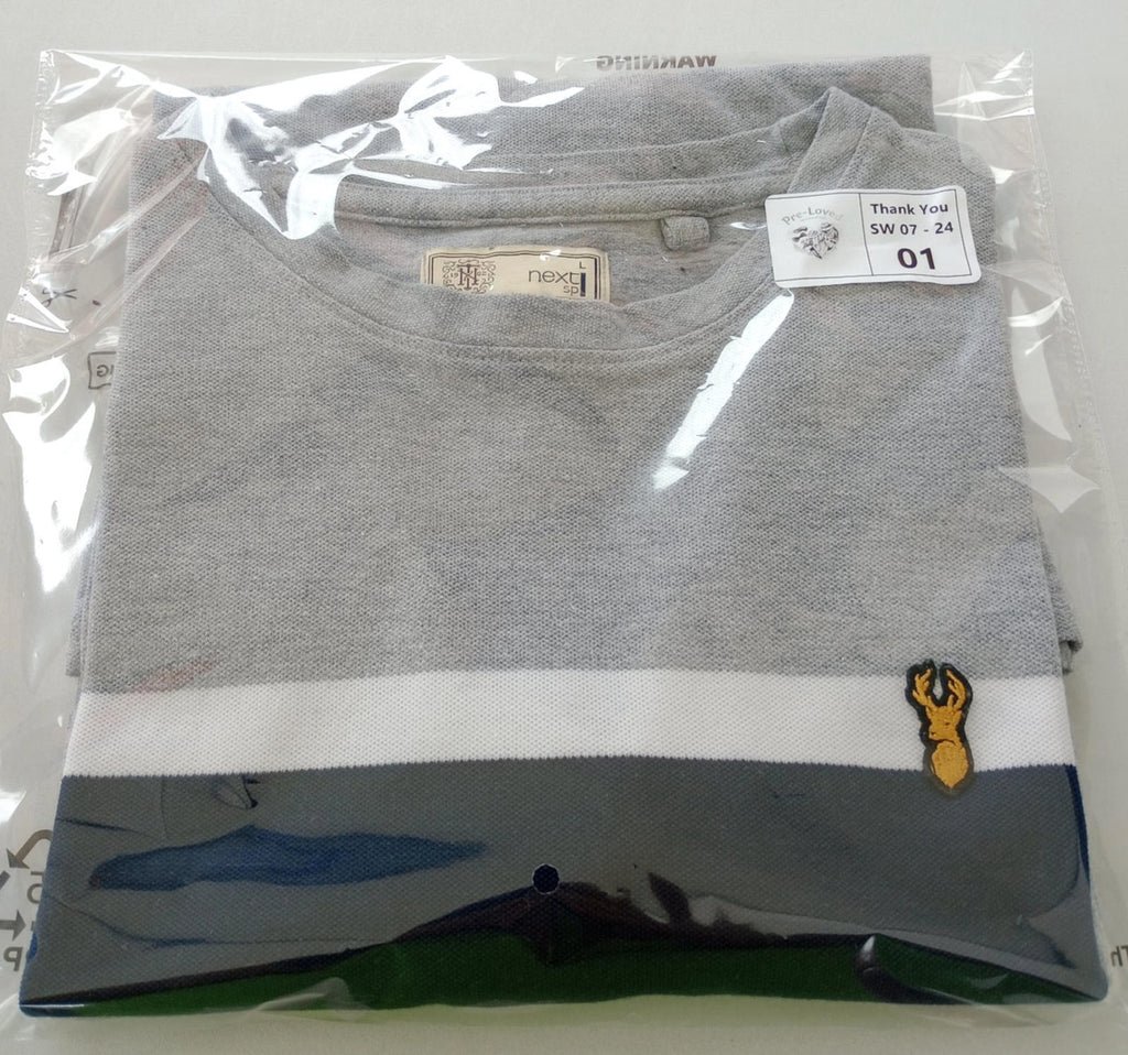 Next T-Shirt Men's UK Size L Grey Crew Neck Jersey Logo Striped Cotton Rich