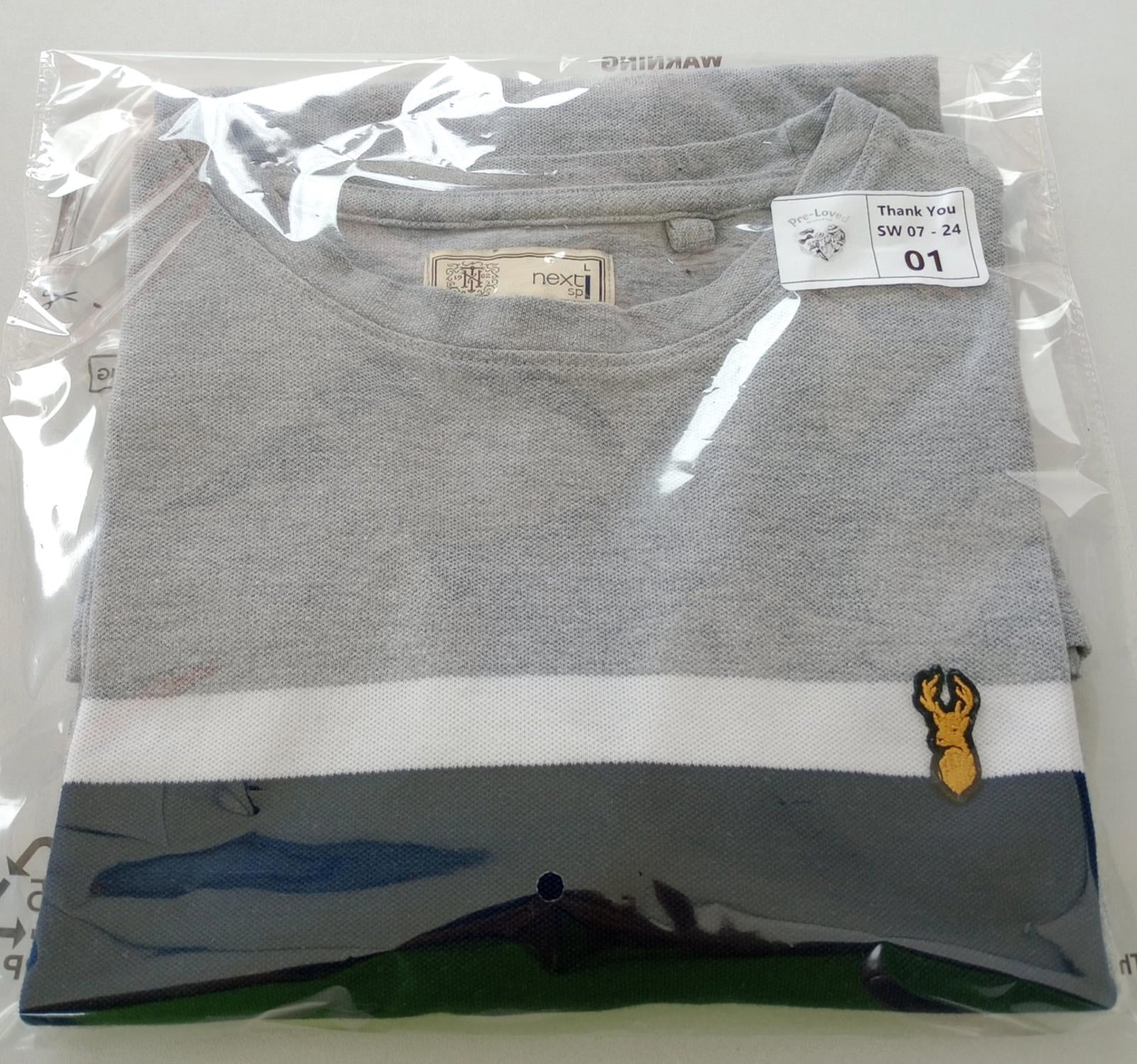 Next T-Shirt Men's UK Size L Grey Crew Neck Jersey Logo Striped Cotton Rich