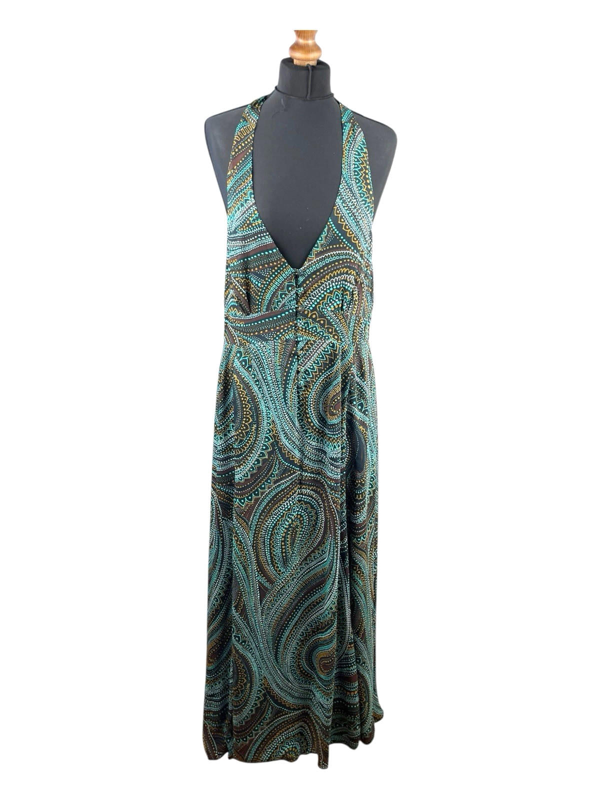 New Look Maxi Dress Halter Backless Women’s UK Size 16 Green & Brown Tribal