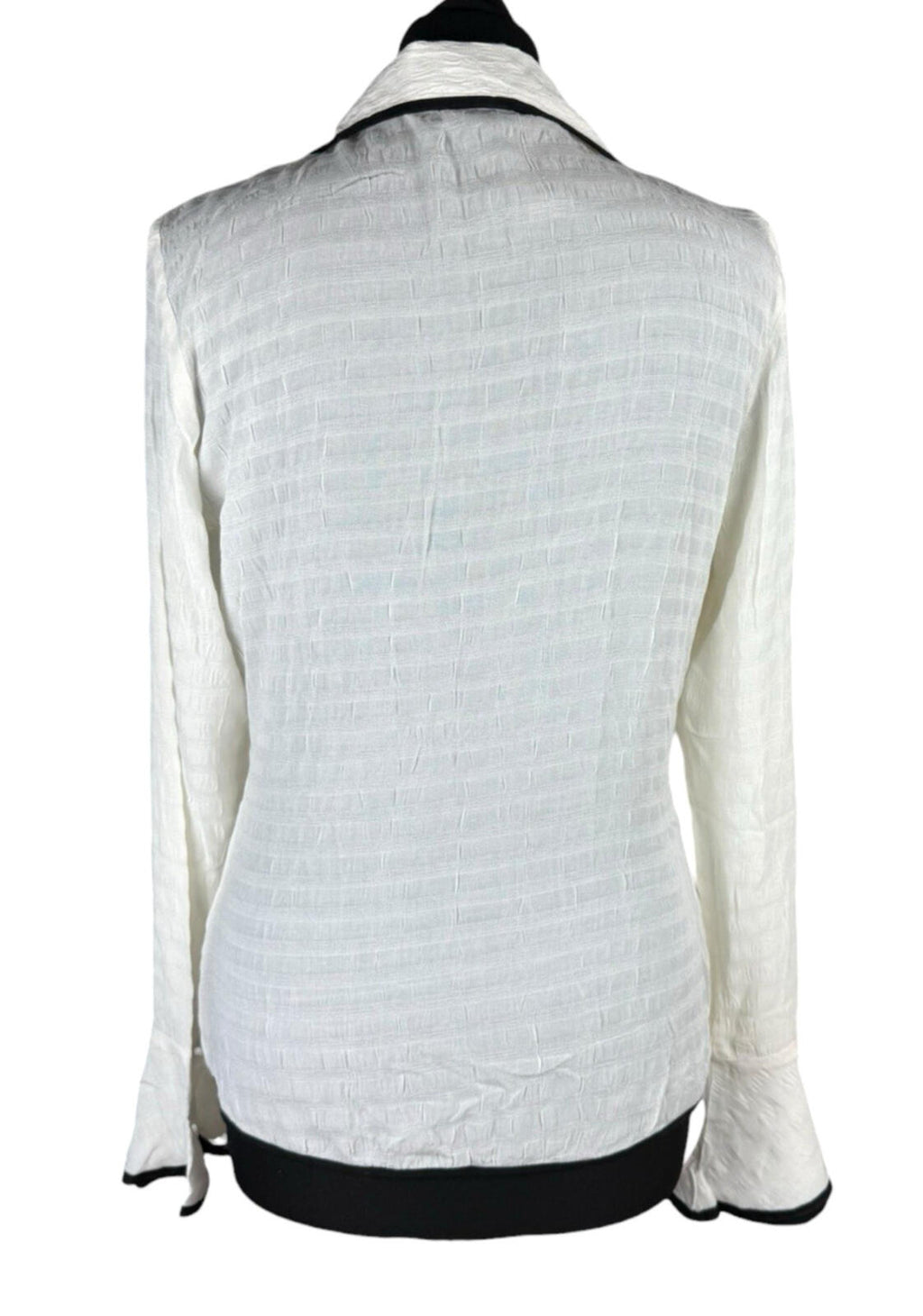 Linen Blazer Blouse Top Women’s UK Size S Flared Sleeves Ivory & Black Piping
