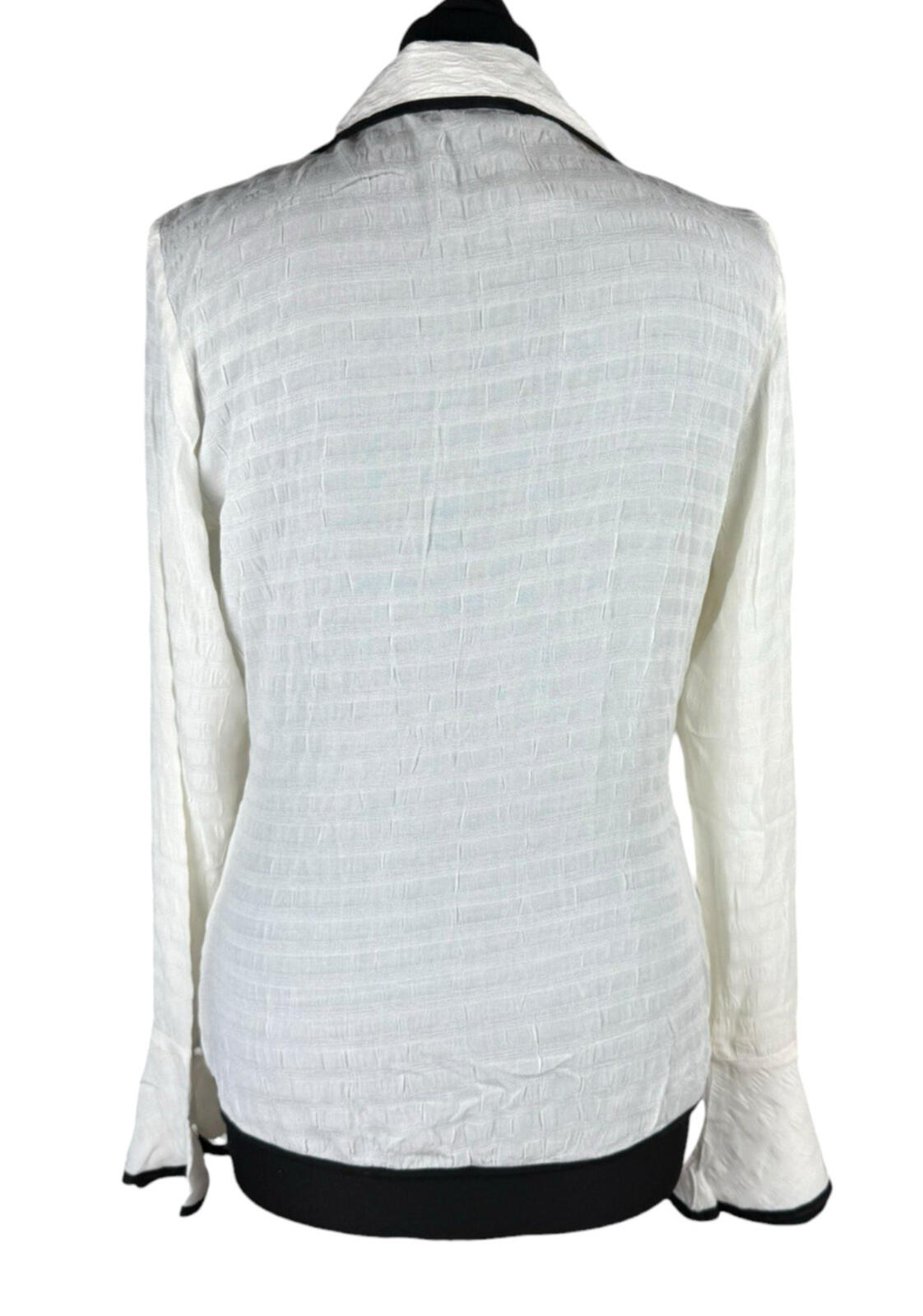 Linen Blazer Blouse Top Women’s UK Size S Flared Sleeves Ivory & Black Piping