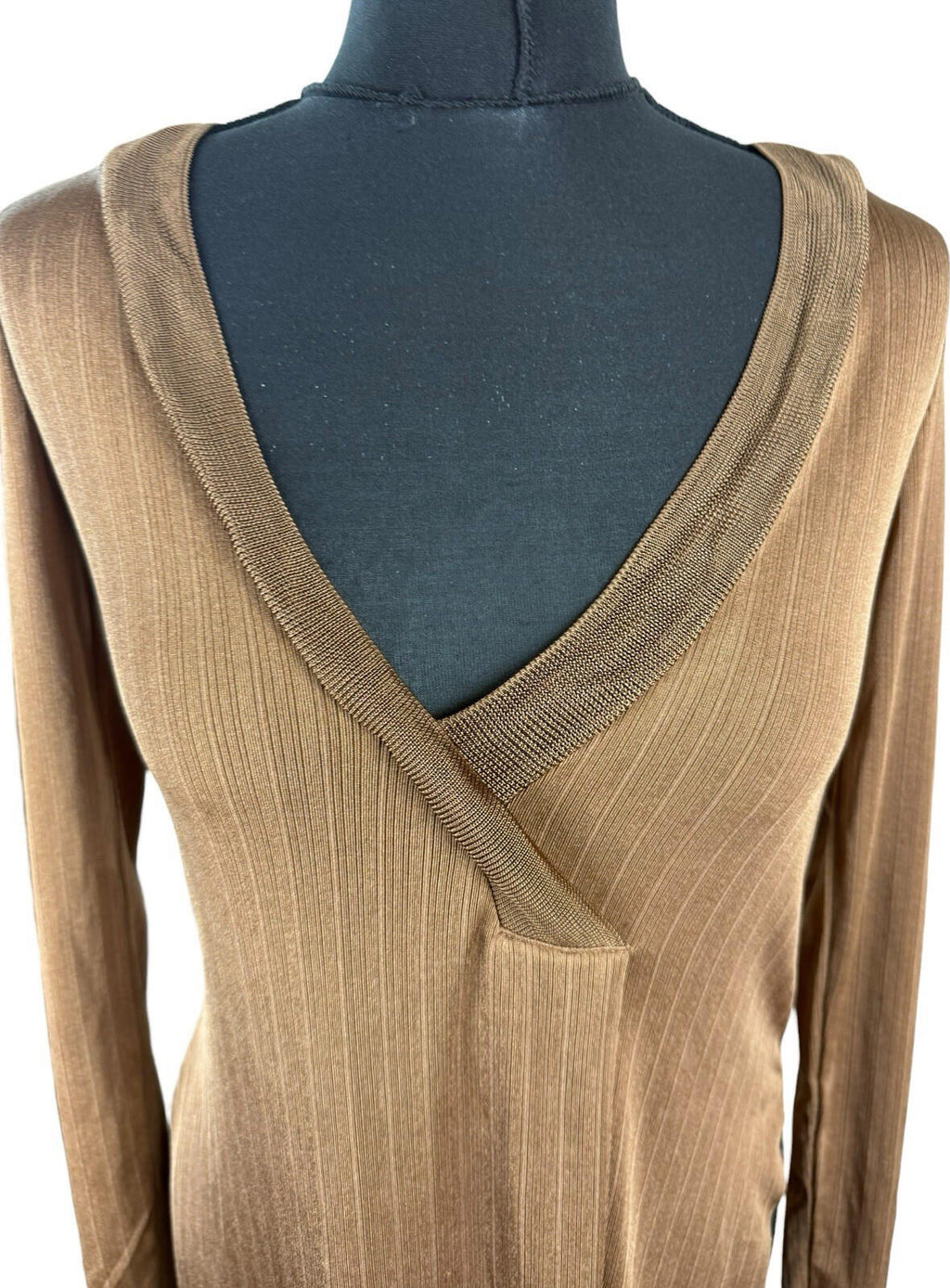 Zara Long Sleeve Tunic Top Women’s UK Size S Side Slit Brown Fine Stripe V-Neck