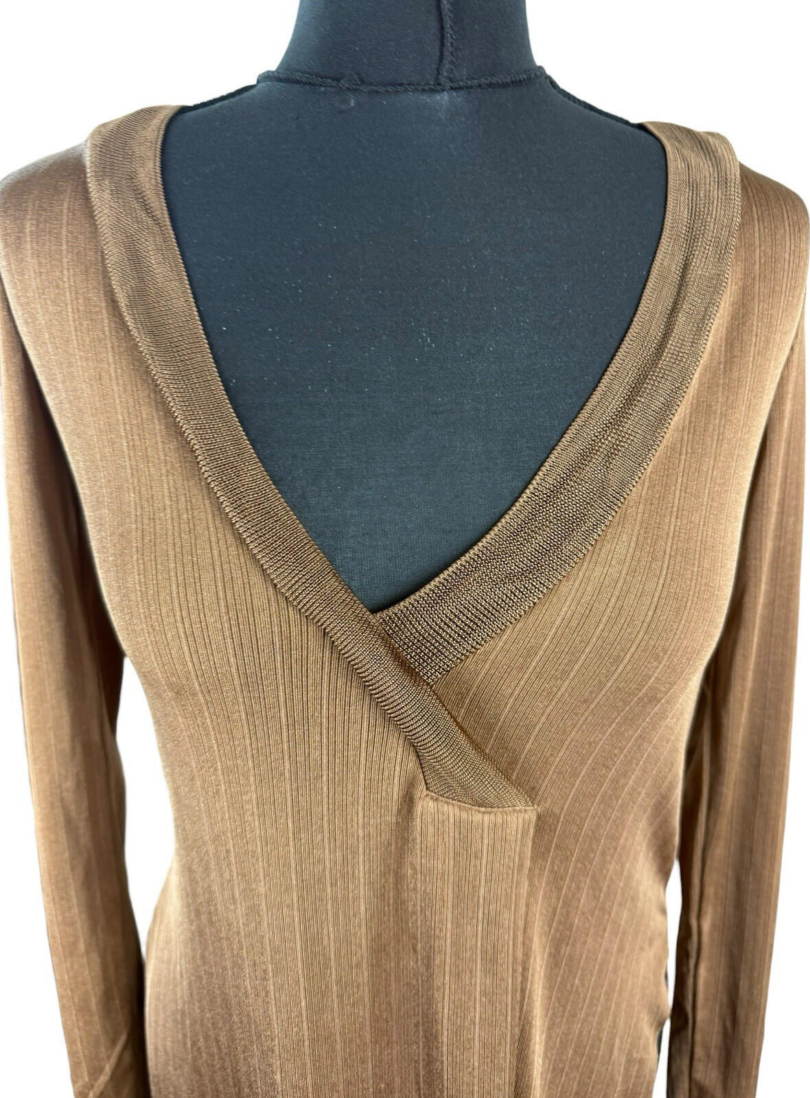 Zara Long Sleeve Tunic Top Women’s UK Size S Side Slit Brown Fine Stripe V-Neck