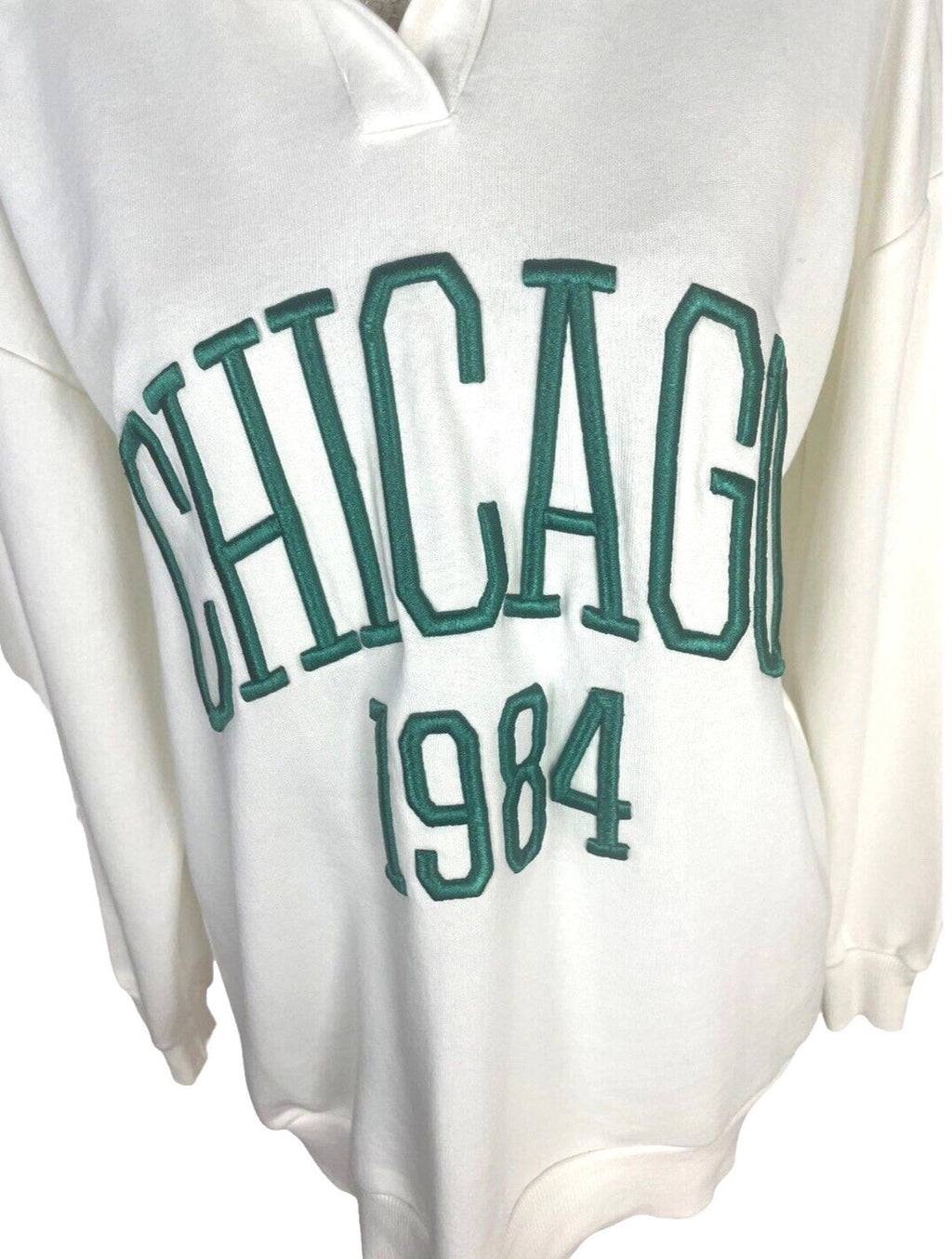 Stradivarius Over Sized Jersey Jumper Collared White Chicago Women's UK Size XS