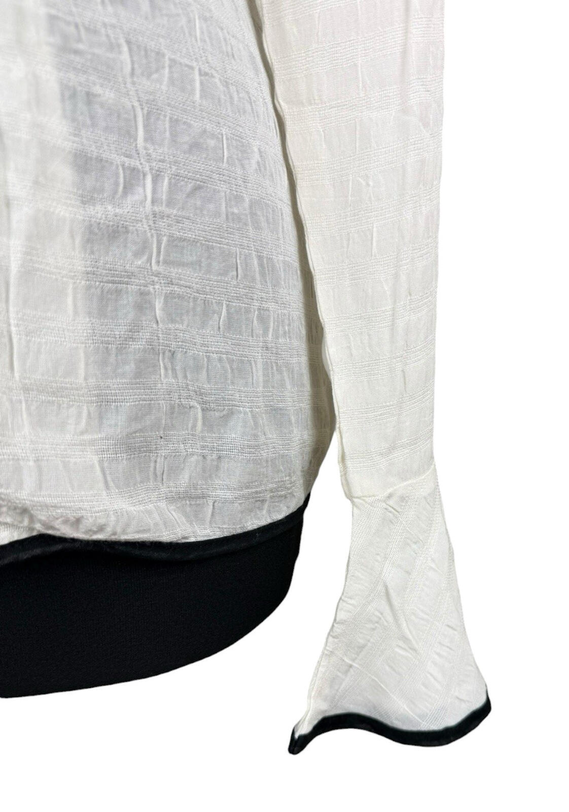 Linen Blazer Blouse Top Women’s UK Size S Flared Sleeves Ivory & Black Piping