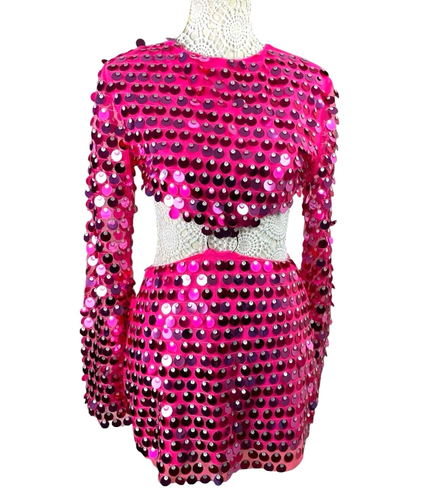 Bright Pink Big Sequin Cut Out Mini Dress Long Sheer Sleeve Women’s UK Size 8-10
