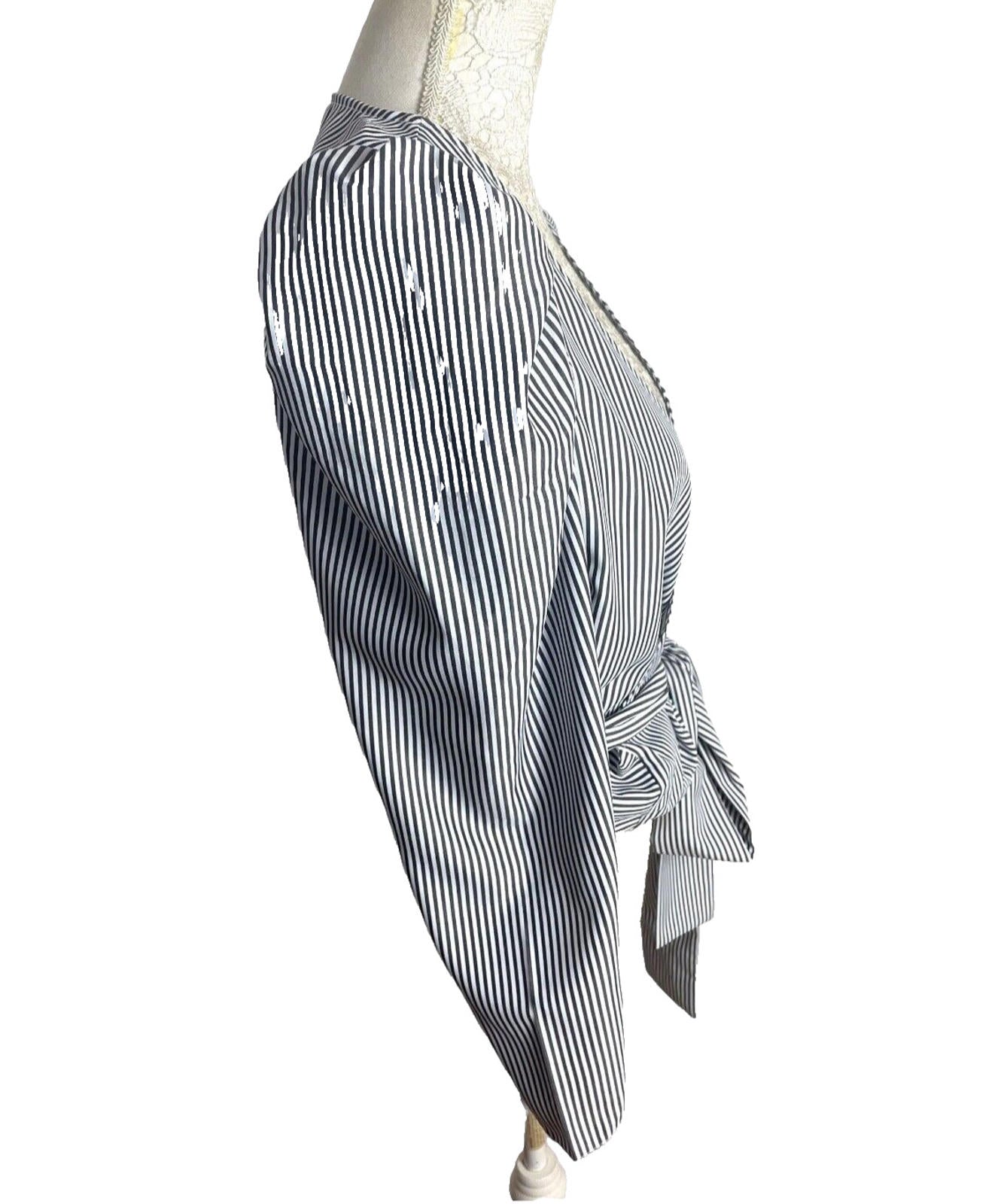New Look Striped Wrap Shirt Blouse Top Women's UK Size 8 Puff Sleeve Waist Tie