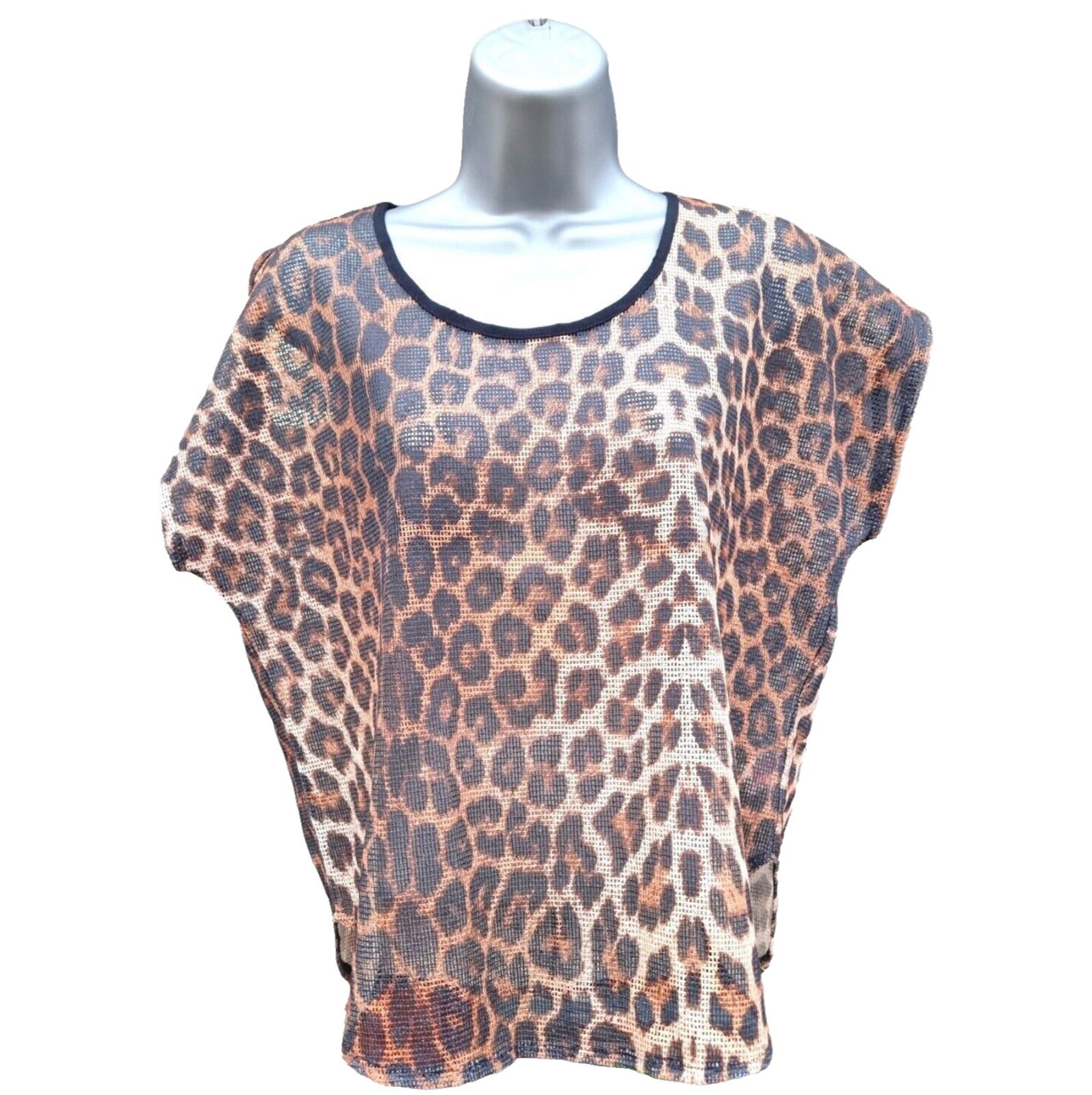 Leopard Print Mesh T-Shirt Blouse Crop Top Women's UK Size 10 Dolman Sleeve