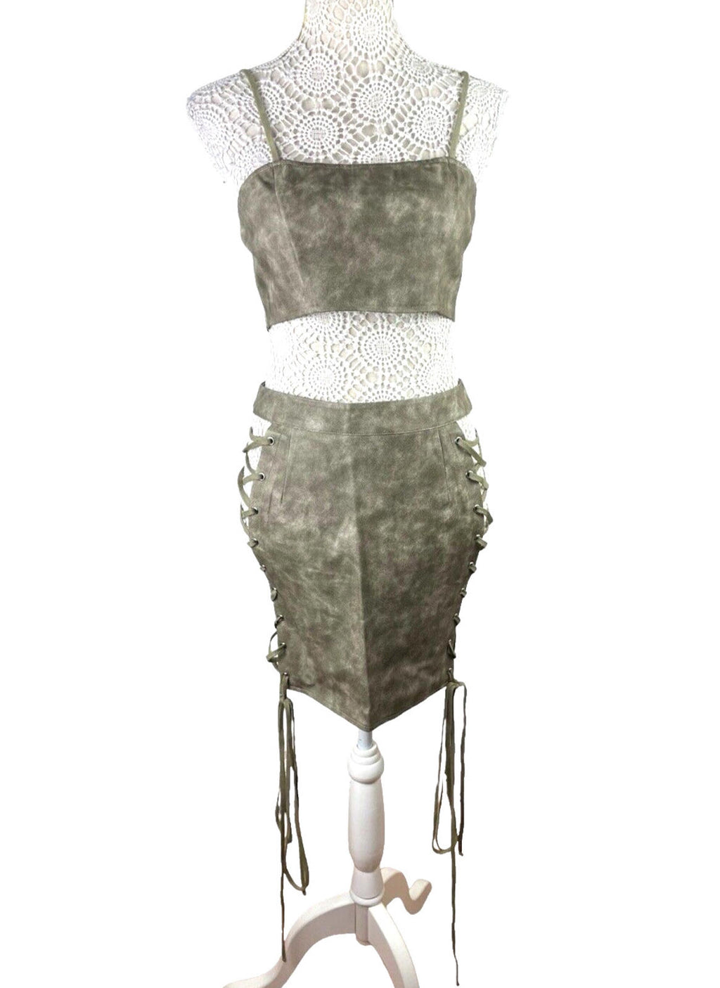 Pretty Little Thing Lace-Up Skirt & Croptop Set Women’s UK Size 8 Faux Leather