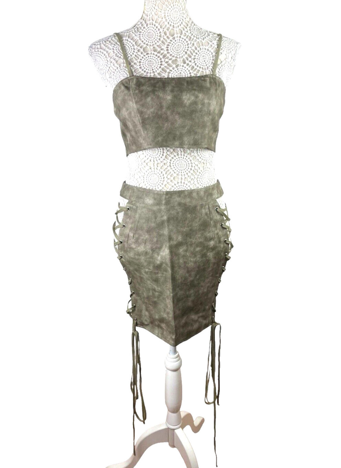 Pretty Little Thing Lace-Up Skirt & Croptop Set Women’s UK Size 8 Faux Leather