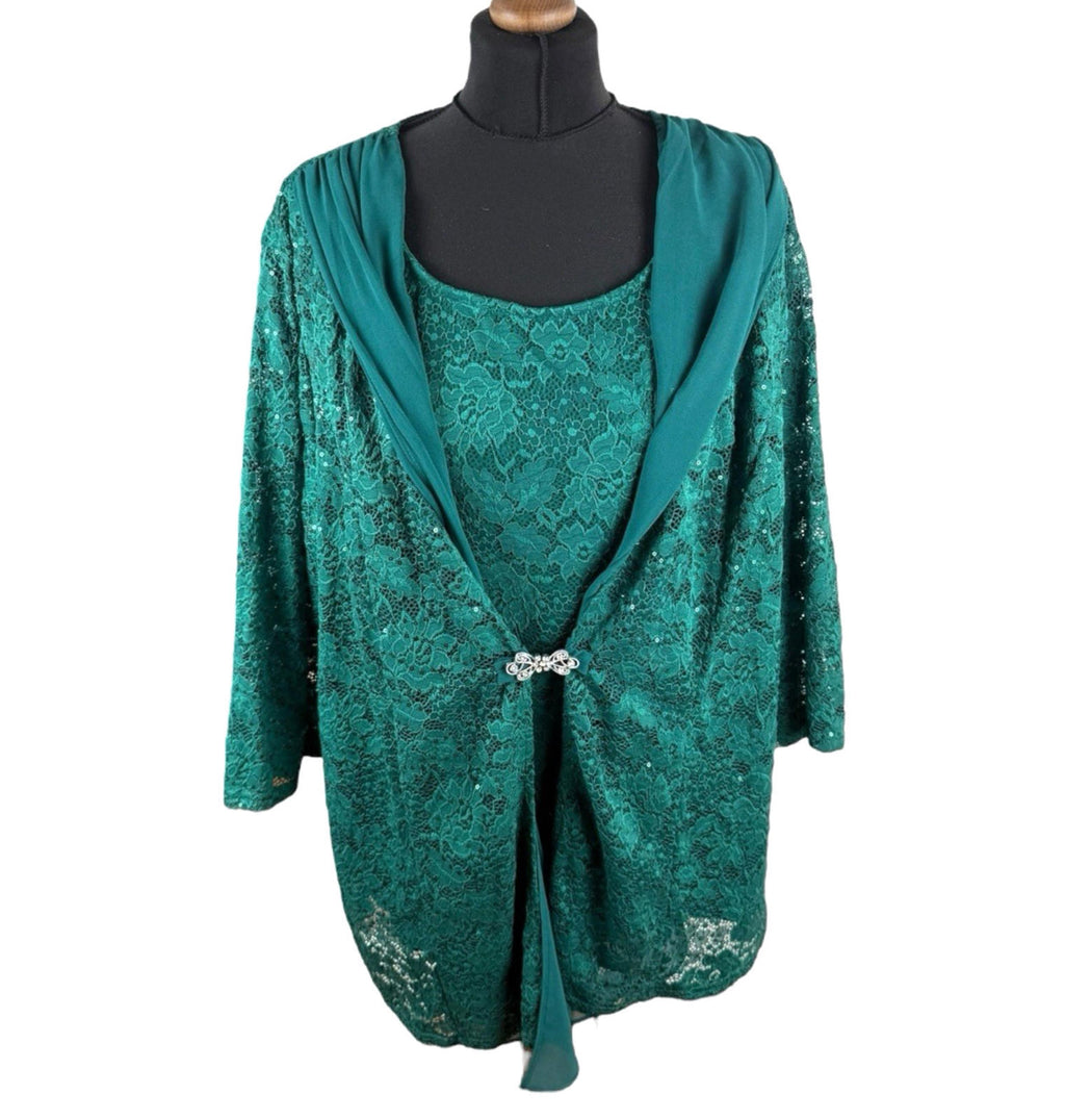 Hanna Nikole Green 2 Piece Blouse Jacket Set Lace Sequin Women’s UK Size 22