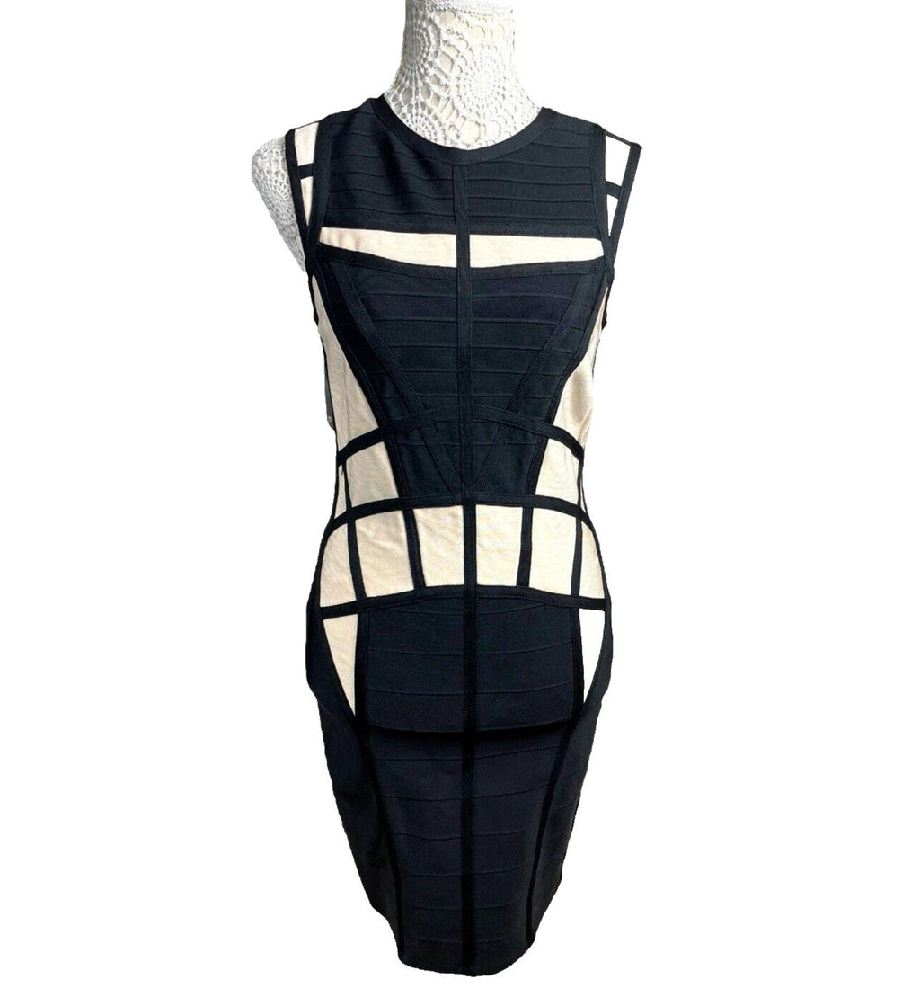 River Island Black & Cream Panel Dress Bodycon Midi Women’s UK Size 12