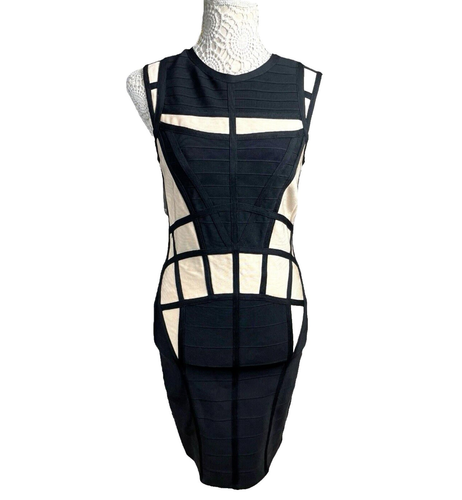 River Island Black & Cream Panel Dress Bodycon Midi Women’s UK Size 12
