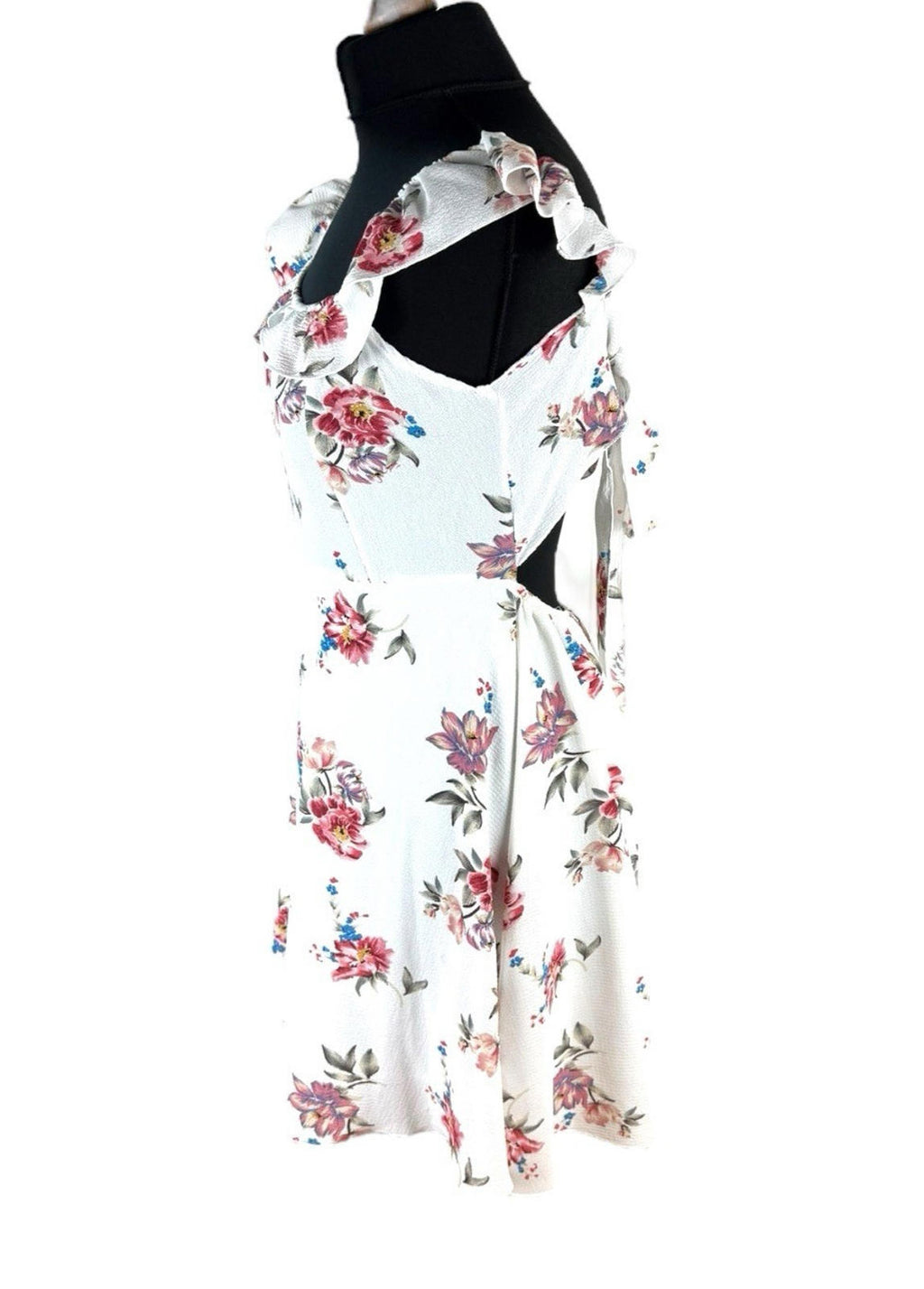 Floral Mini Dress Women’s UK Size L White Ruffle Square Neck Tie-Strap Open Back