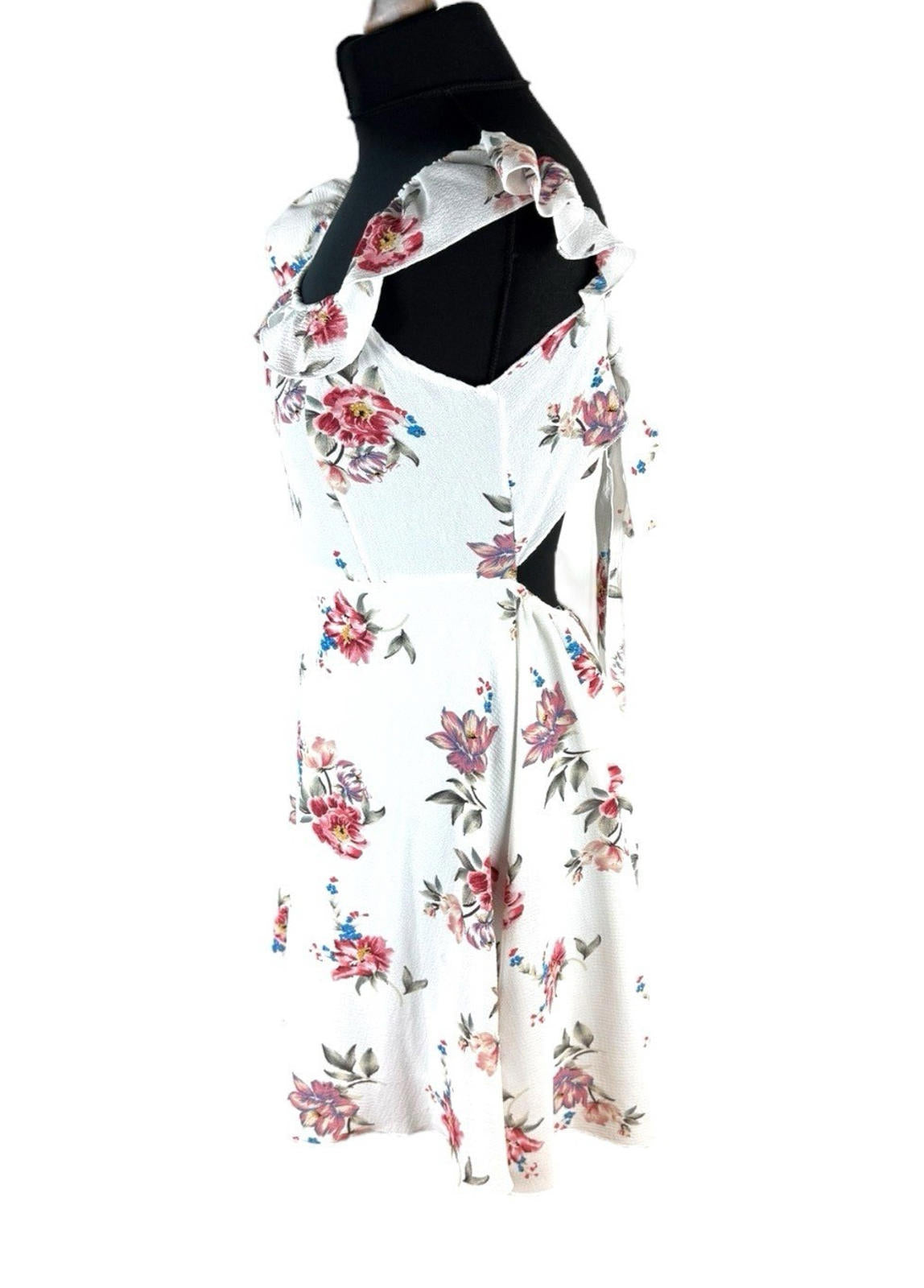 Floral Mini Dress Women’s UK Size L White Ruffle Square Neck Tie-Strap Open Back