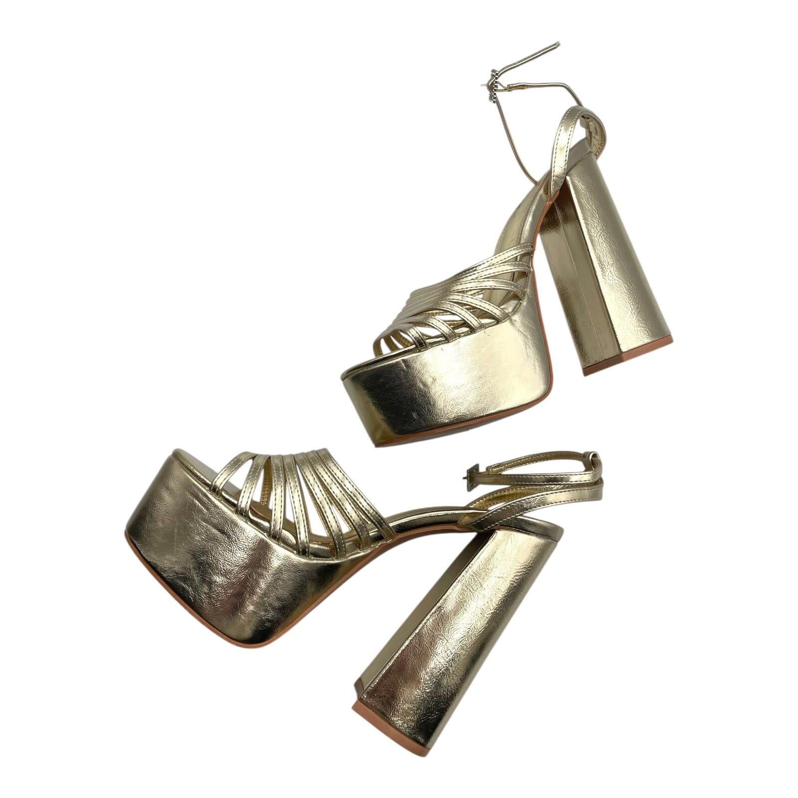 Nasty Gal Shoes Gold Metallic Strappy Platform Block Heel Women’s UK Size 8