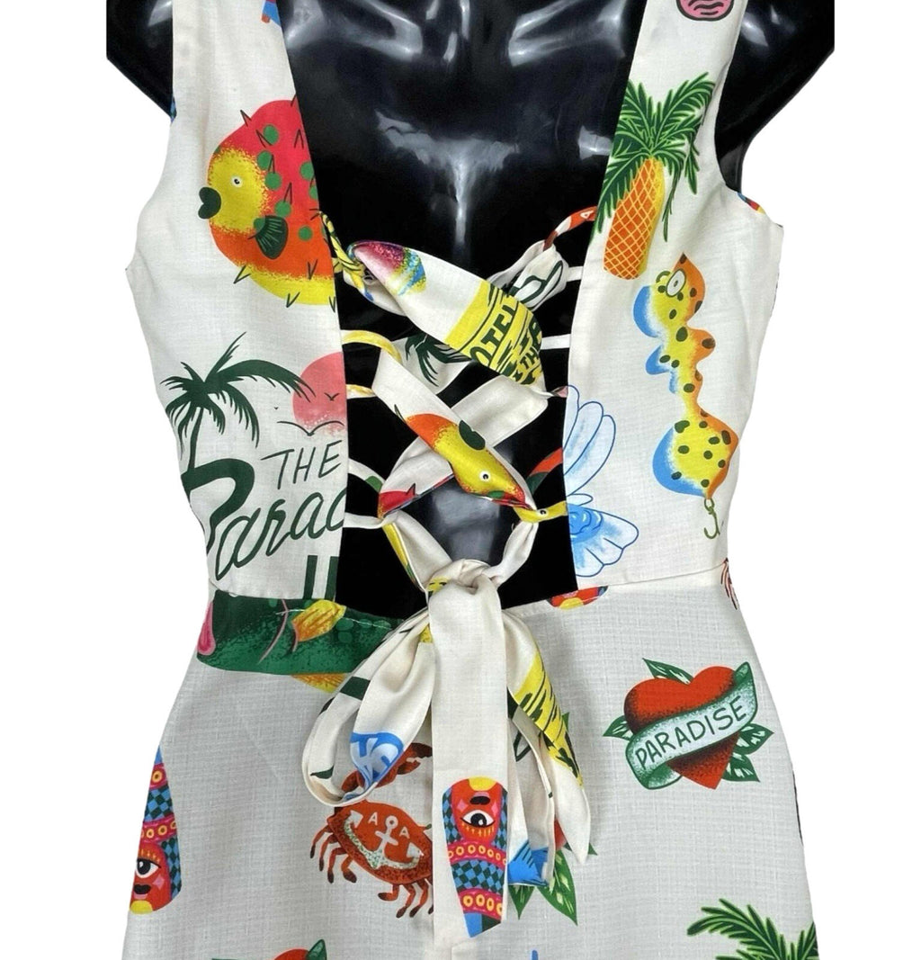 Comense Retro Summer Dress Women’s UK Size M Lace Up Back Mini Multicolour Print